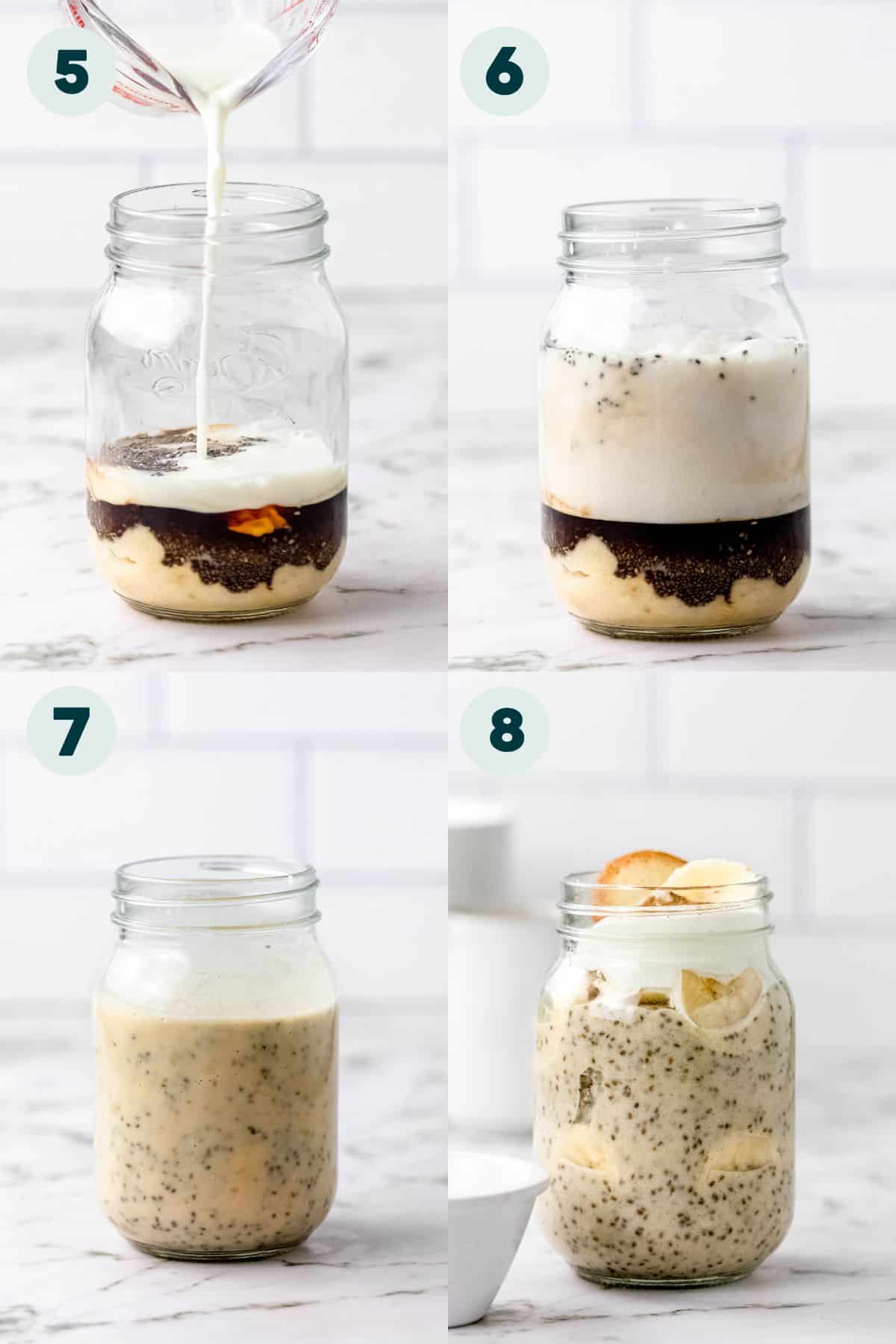 Step by step photos showing adding banana pudding ingredients to the jar.