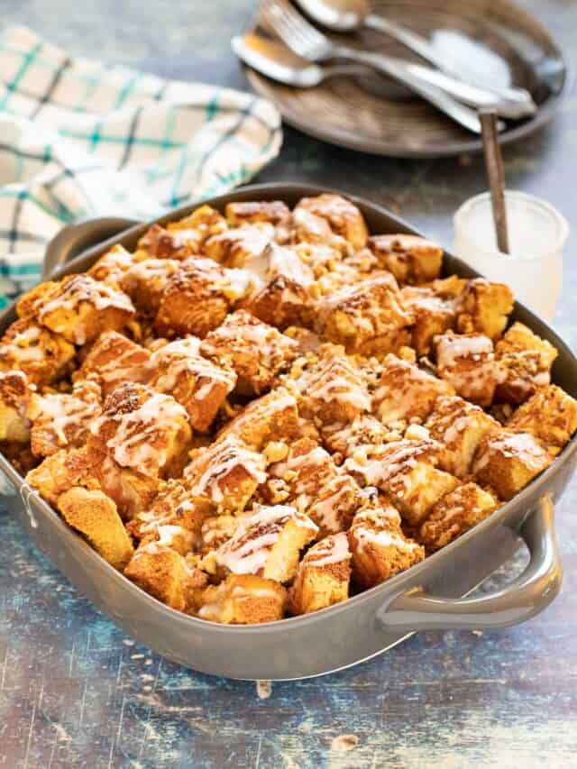 Casserole of french toast in gray dish.