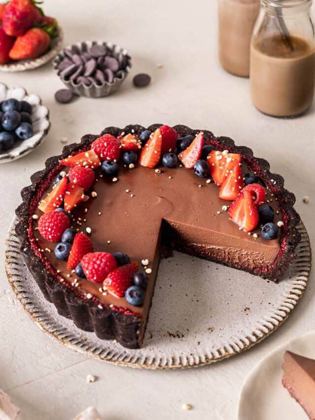 Chocolate tart topped with fresh fruit.