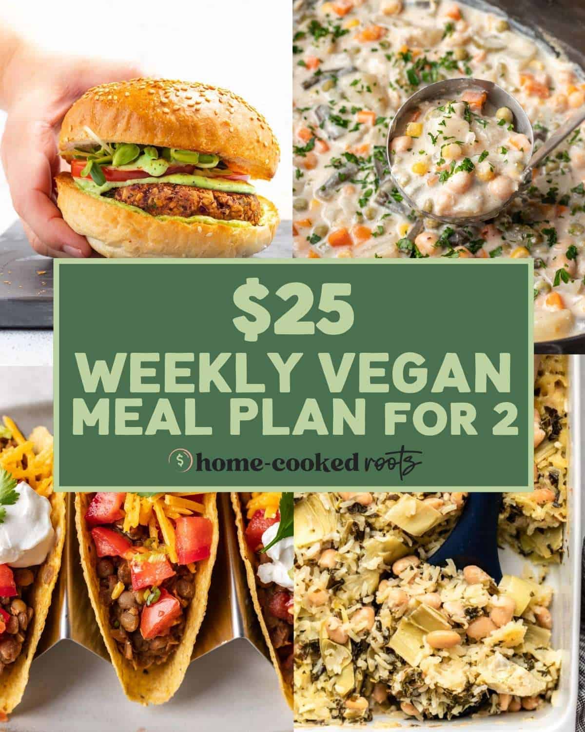 Collage of 4 vegan dinner recipes for weekly meal plan under $25.