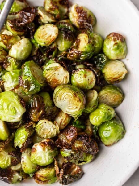 Bowl of crispy air fryer Brussels sprouts.