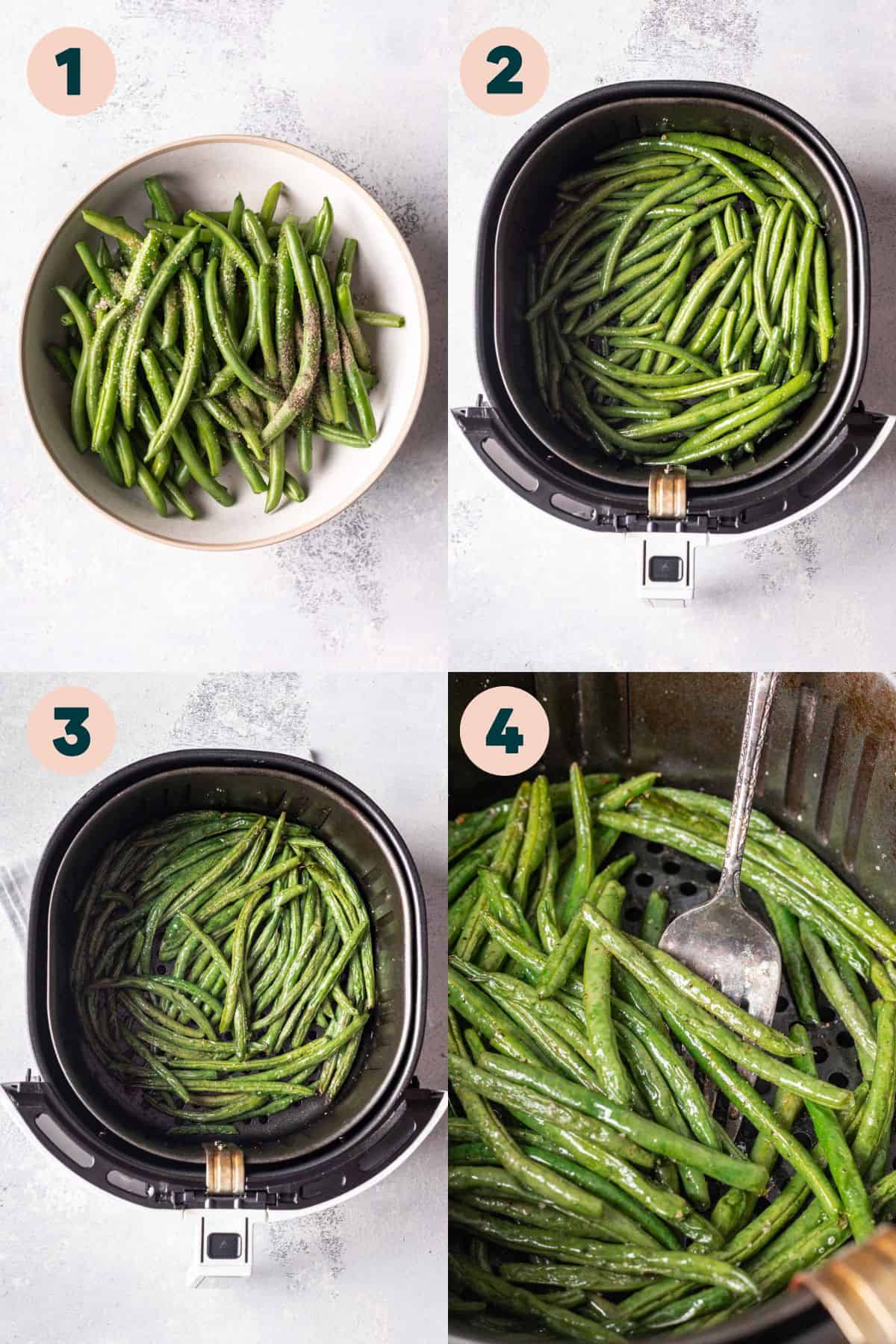 4 images showing step by step process for making green beans.