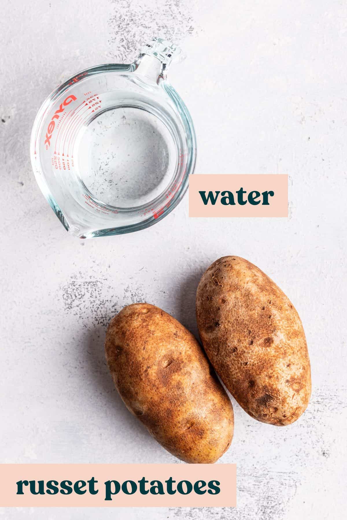 Potatoes and water with labels.