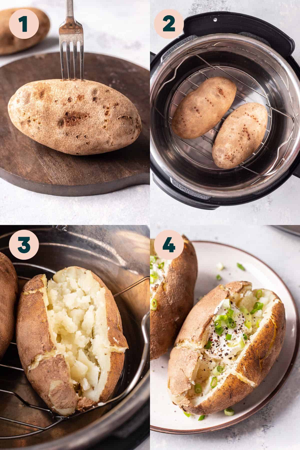 4 images showing step by step process of making Instant Pot baked potatoes.