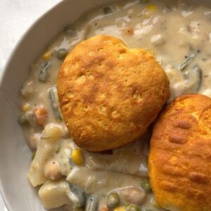 Chickpea pot pie with heart biscuits.