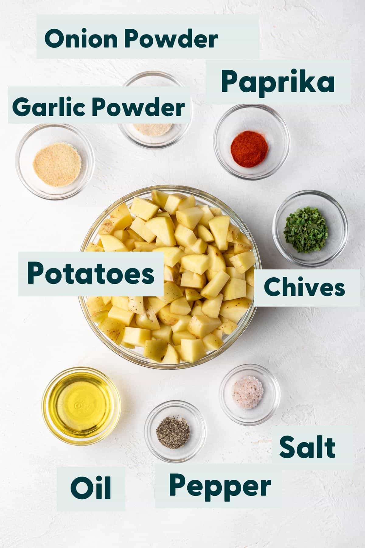 Ingredients to make potatoes with text overlay naming ingredients.