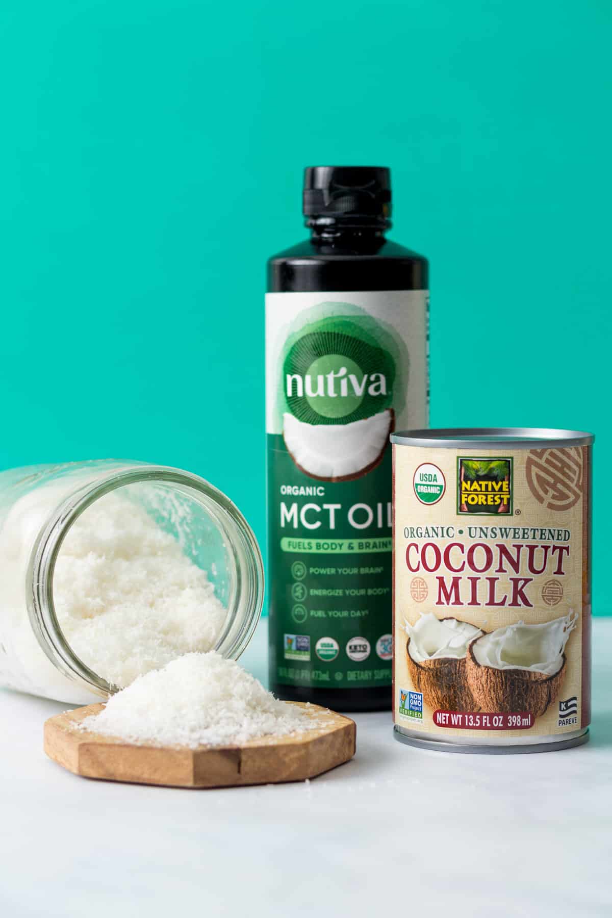 Coconut milk, MCT oil, and coconut shreds.