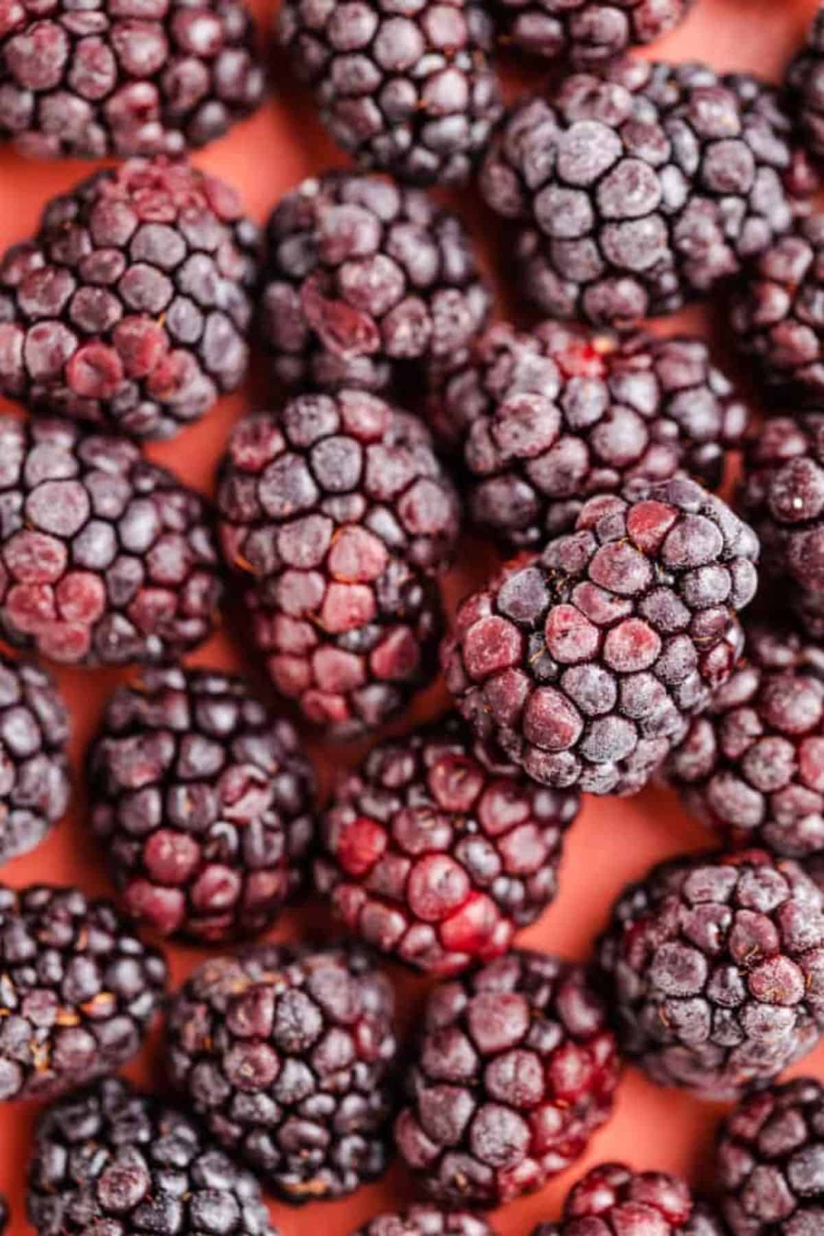 Closeup of frozen blackberries.