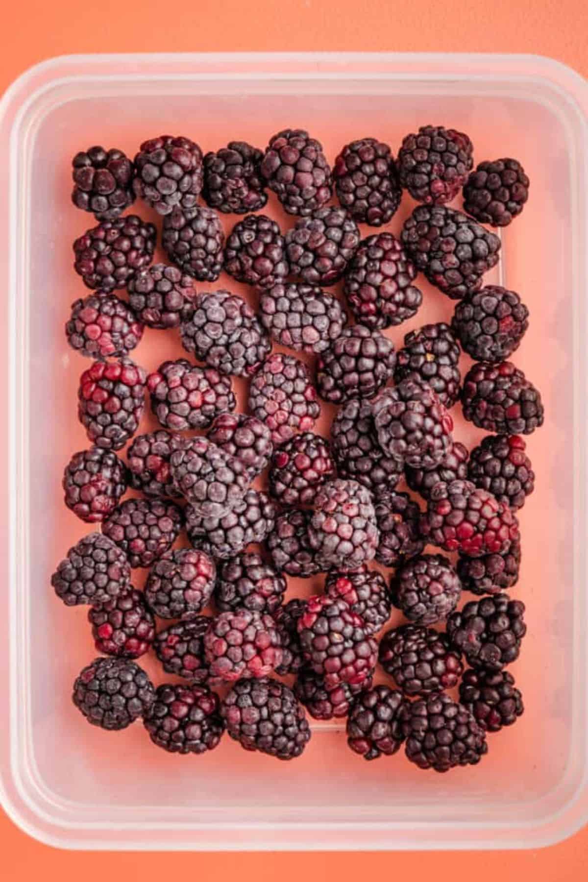 Frozen blackberries in freezer-safe container.