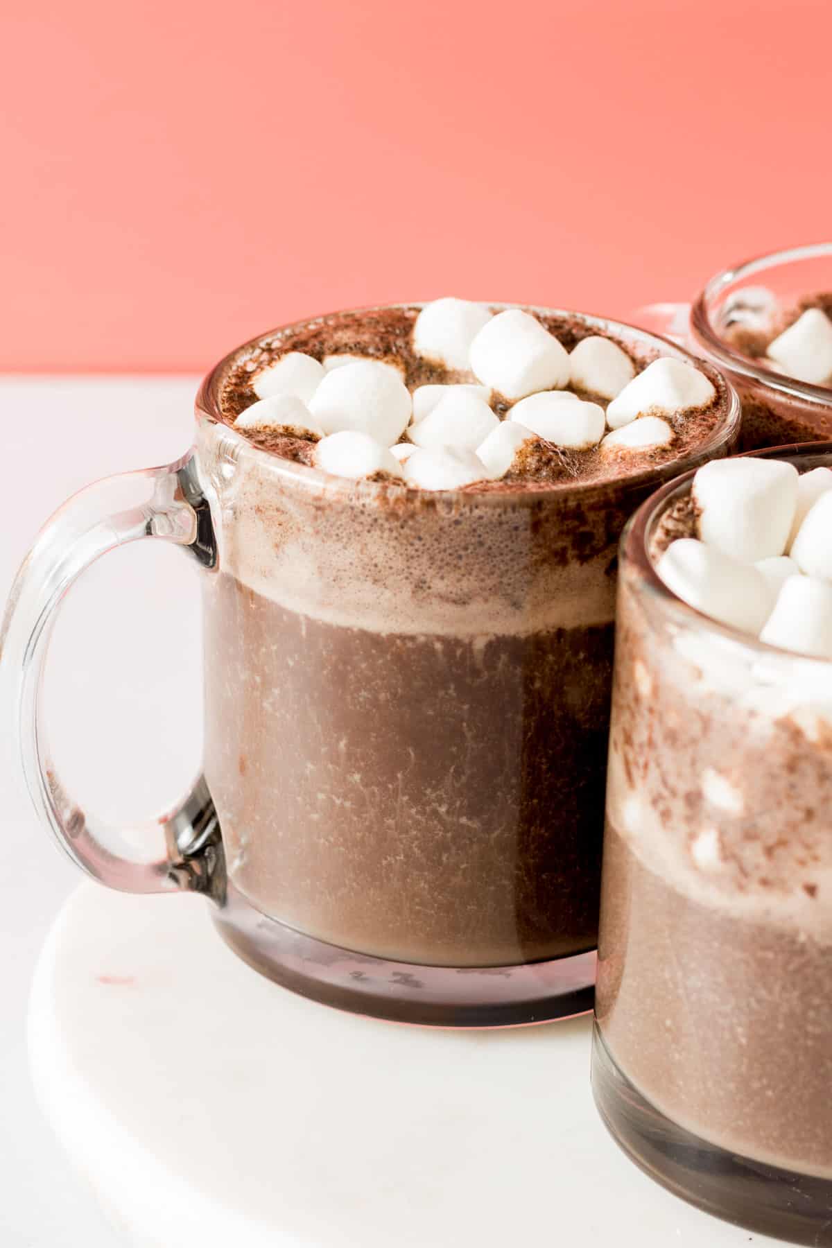 Hot chocolate topped with marshmallows.