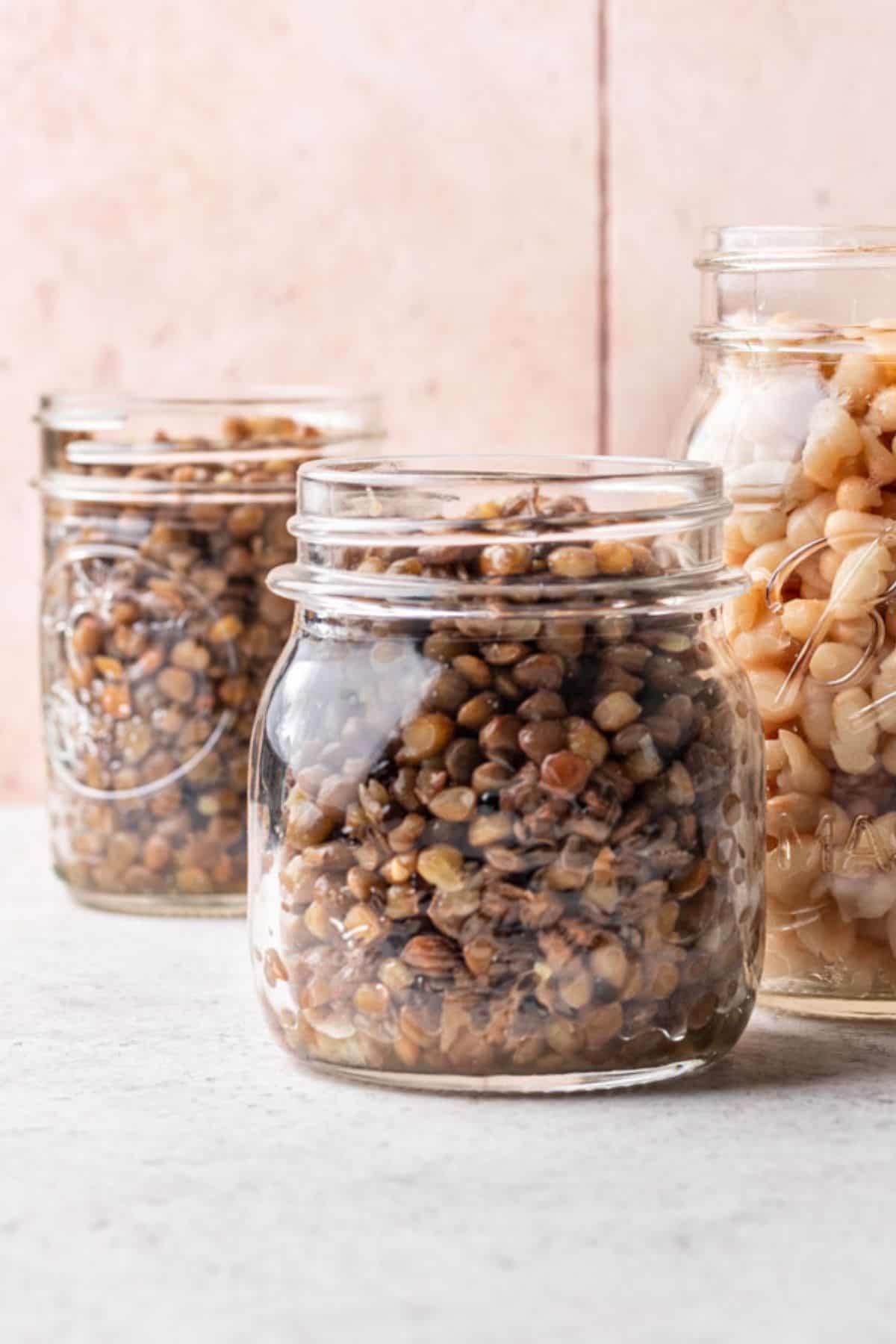 Jar of lentils for storage.