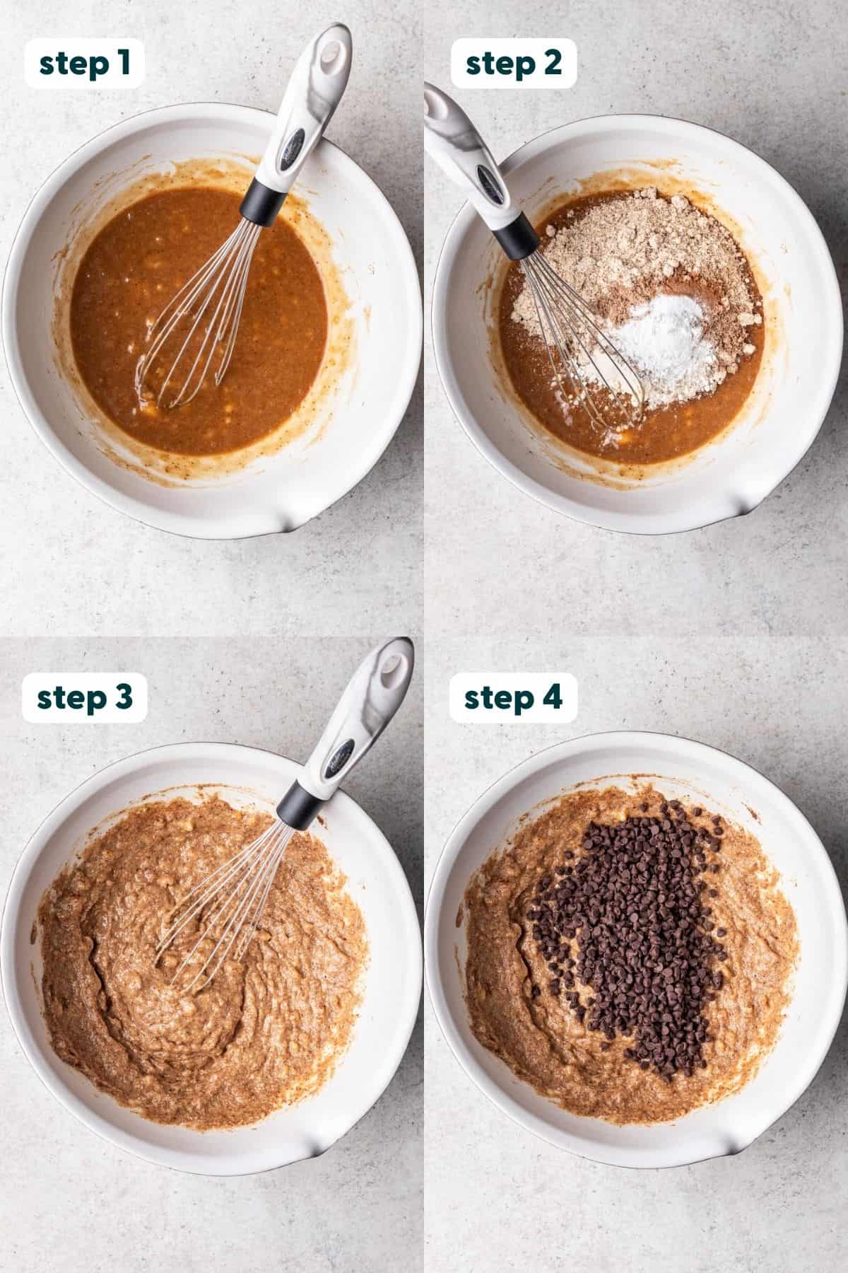 4 photos showing the step by step process of making the muffin batter.