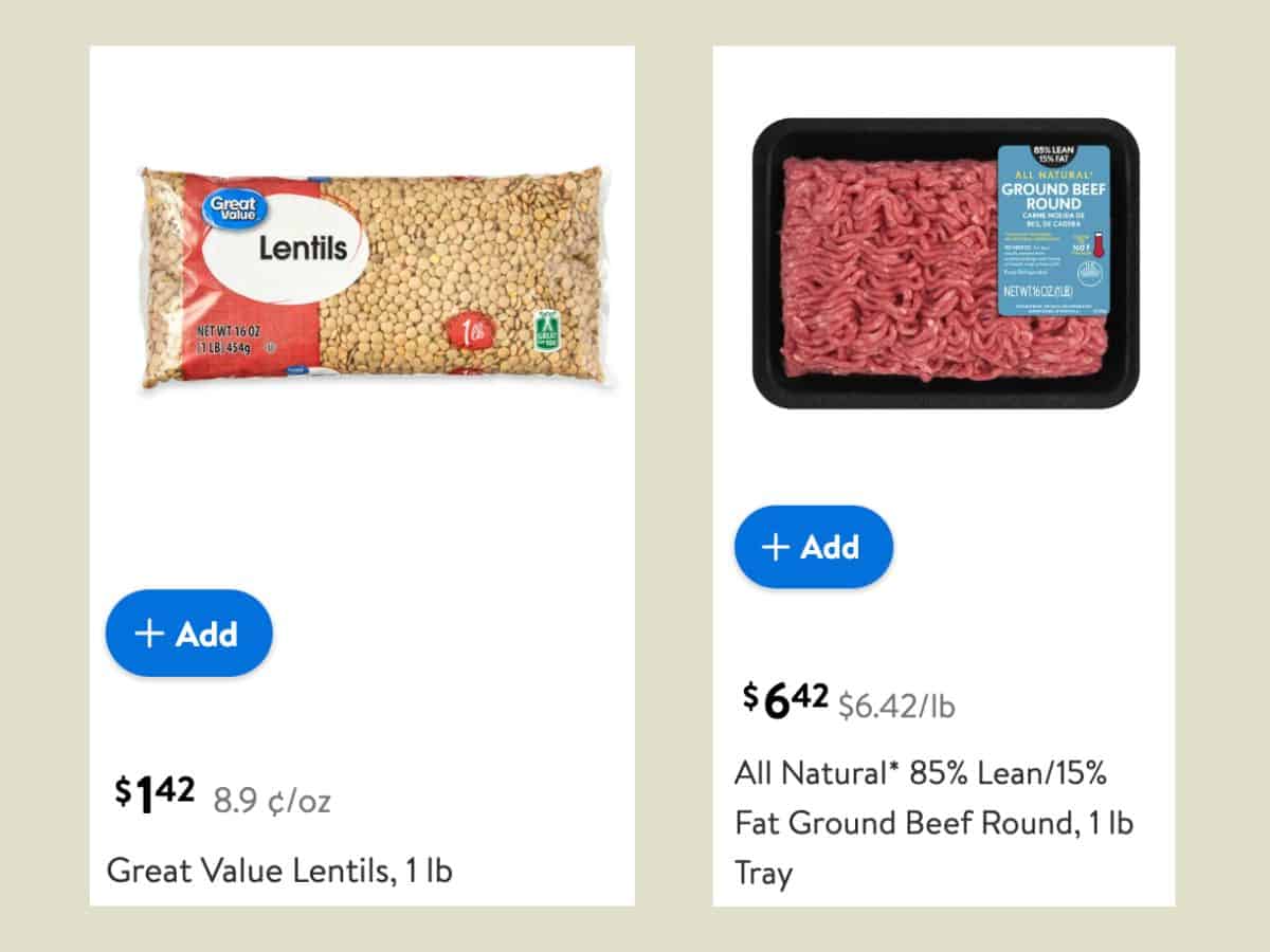 Side by side prices of lentils and ground beef from Walmart.com