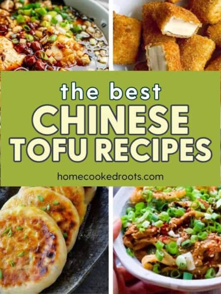 Collage of 4 images of homemade Chinese recipes using tofu.