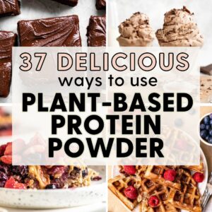 Collage of 4 images of recipes using plant-based protein powder.