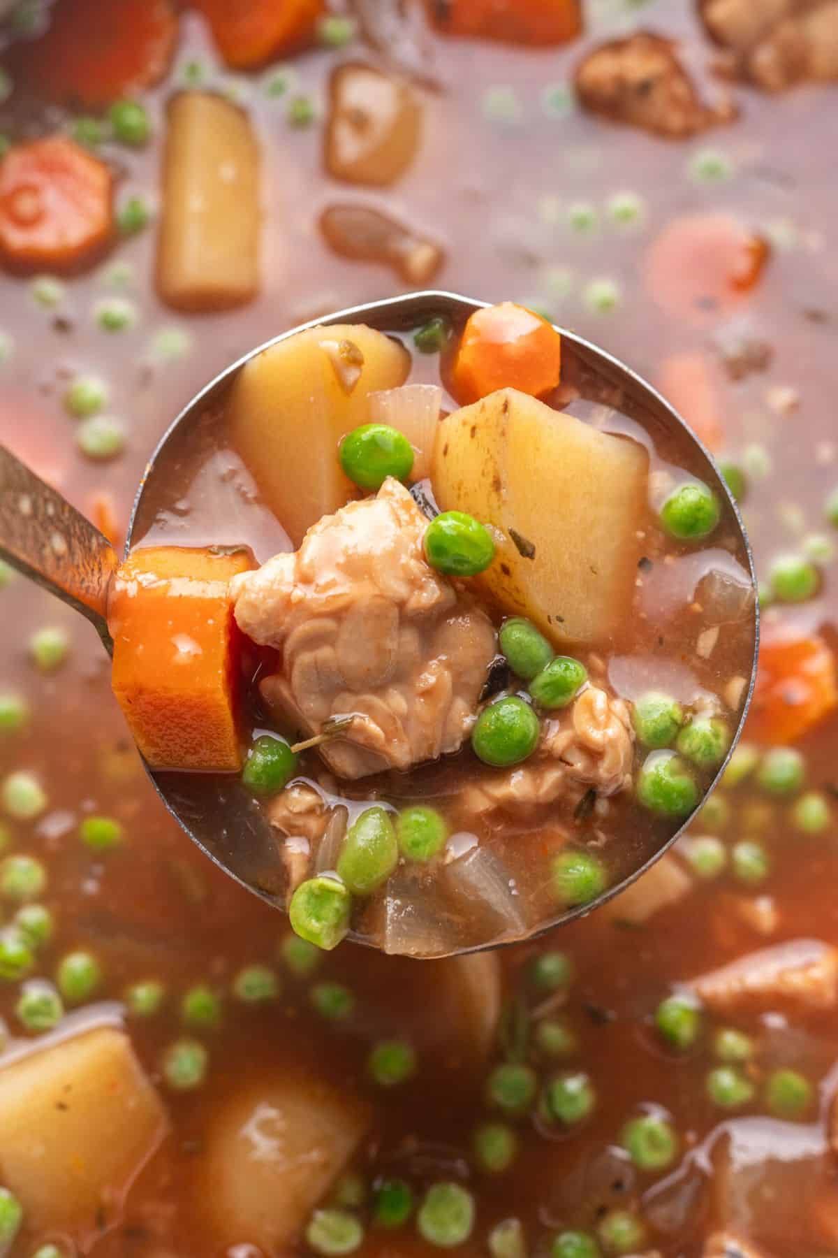 Closeup of beef stew in soup ladle.