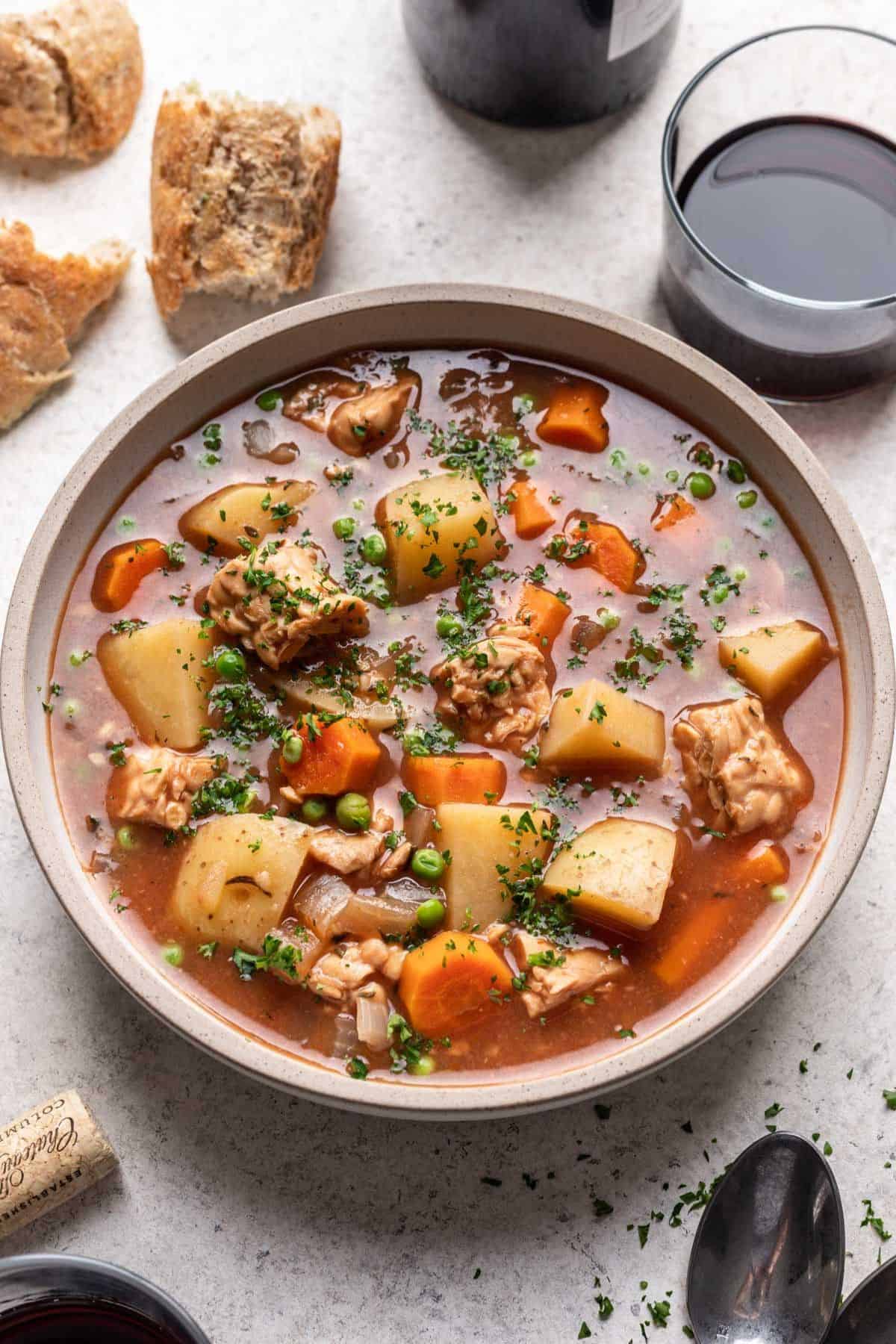 Bowl of vegan beef stew.