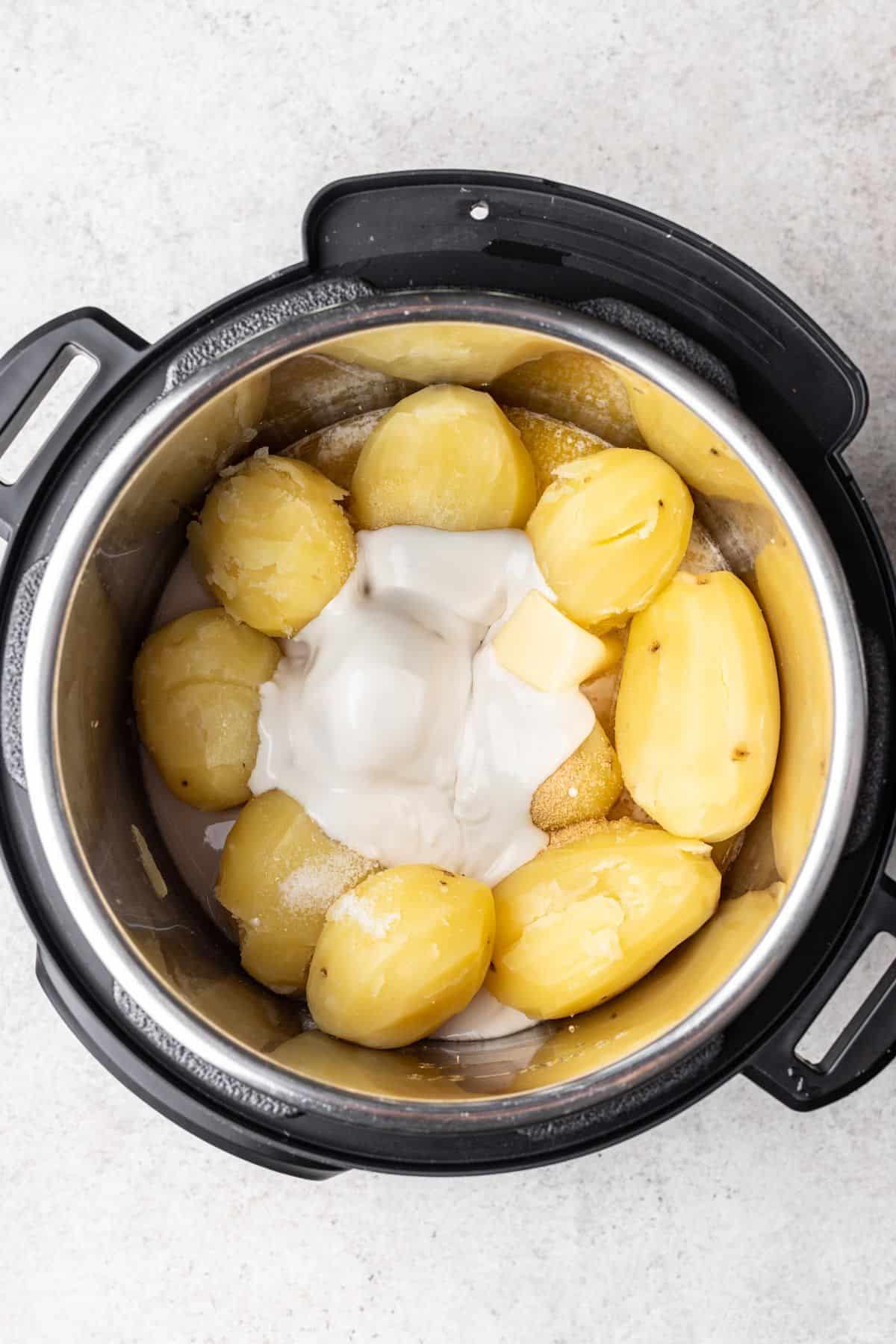 Potatoes after cooking with sour cream, butter, and seasonings.