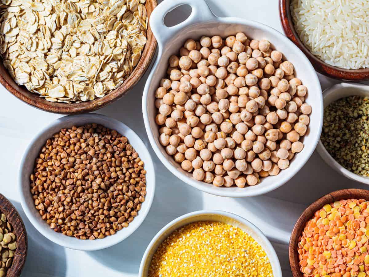 Grains and legumes in bowls.