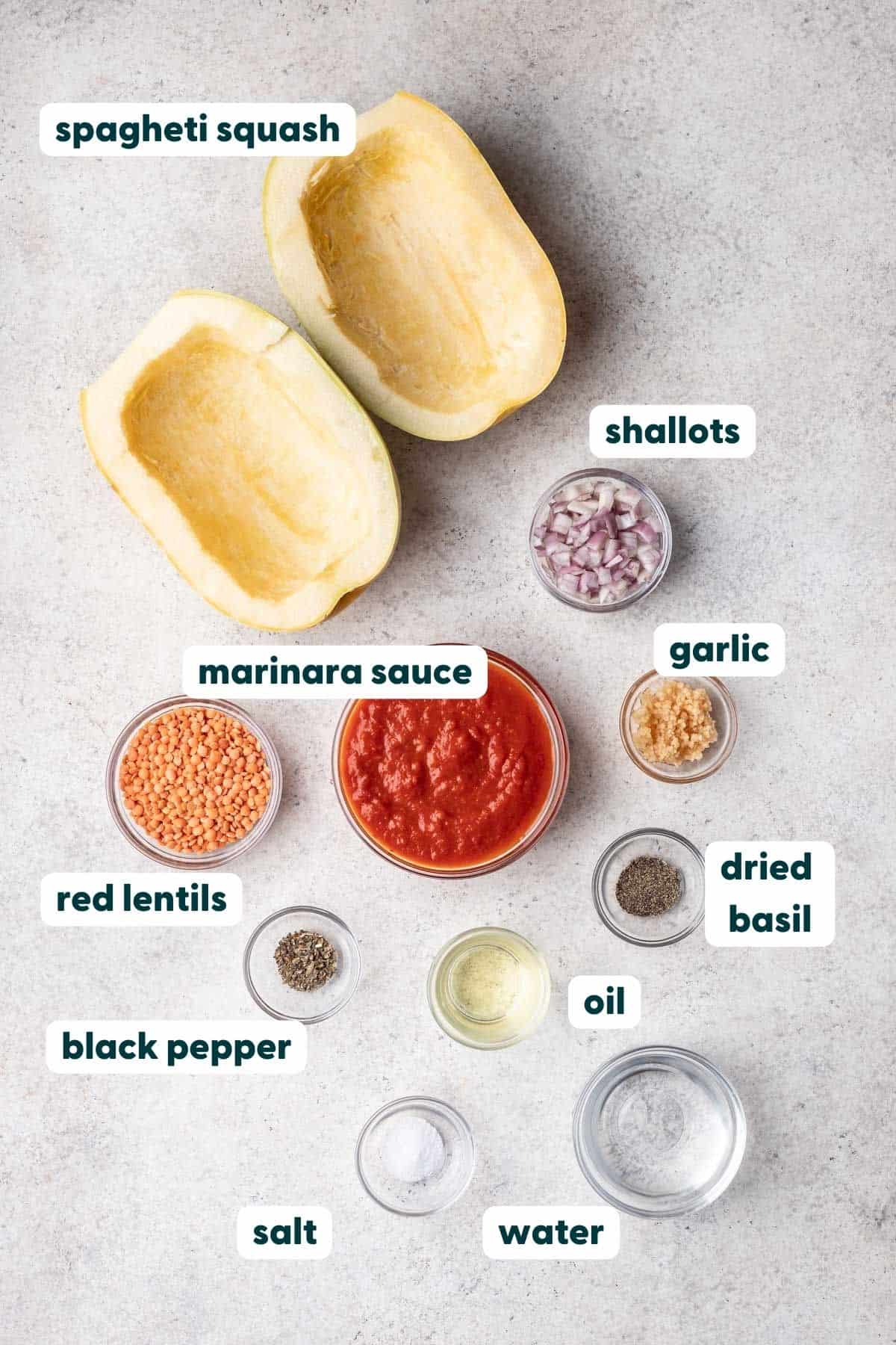 Ingredients measured and labeled to make stuffed spaghetti squash.