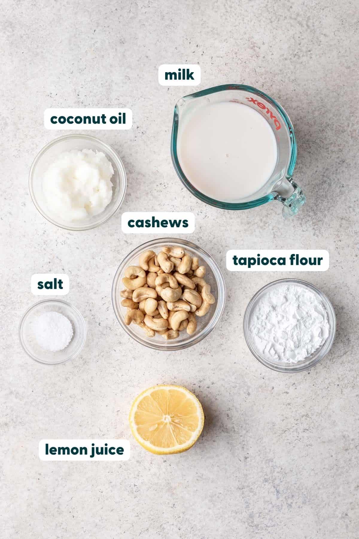 Ingredients measured and labeled for cashew mozzarella cheese.