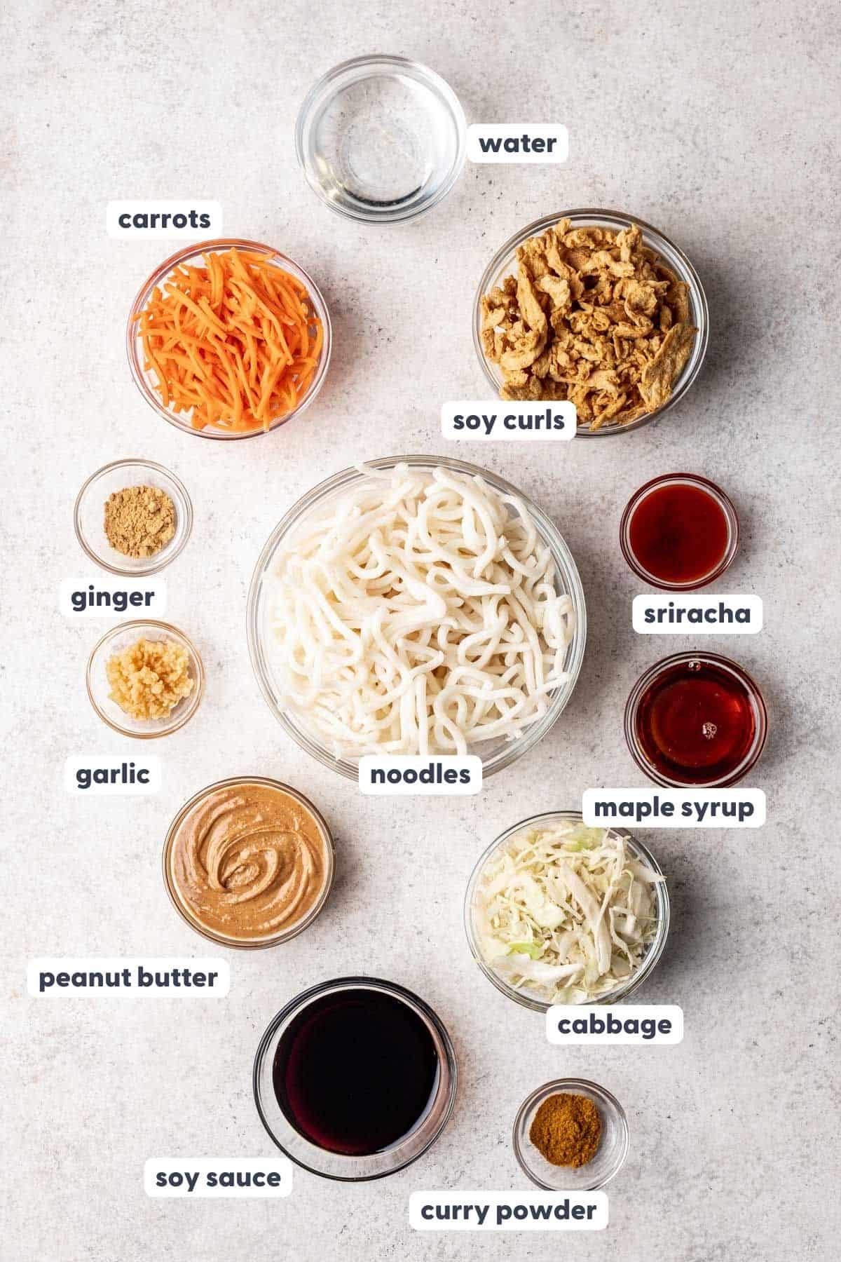 Ingredients measured and labeled for vegan peanut noodle stir fry.