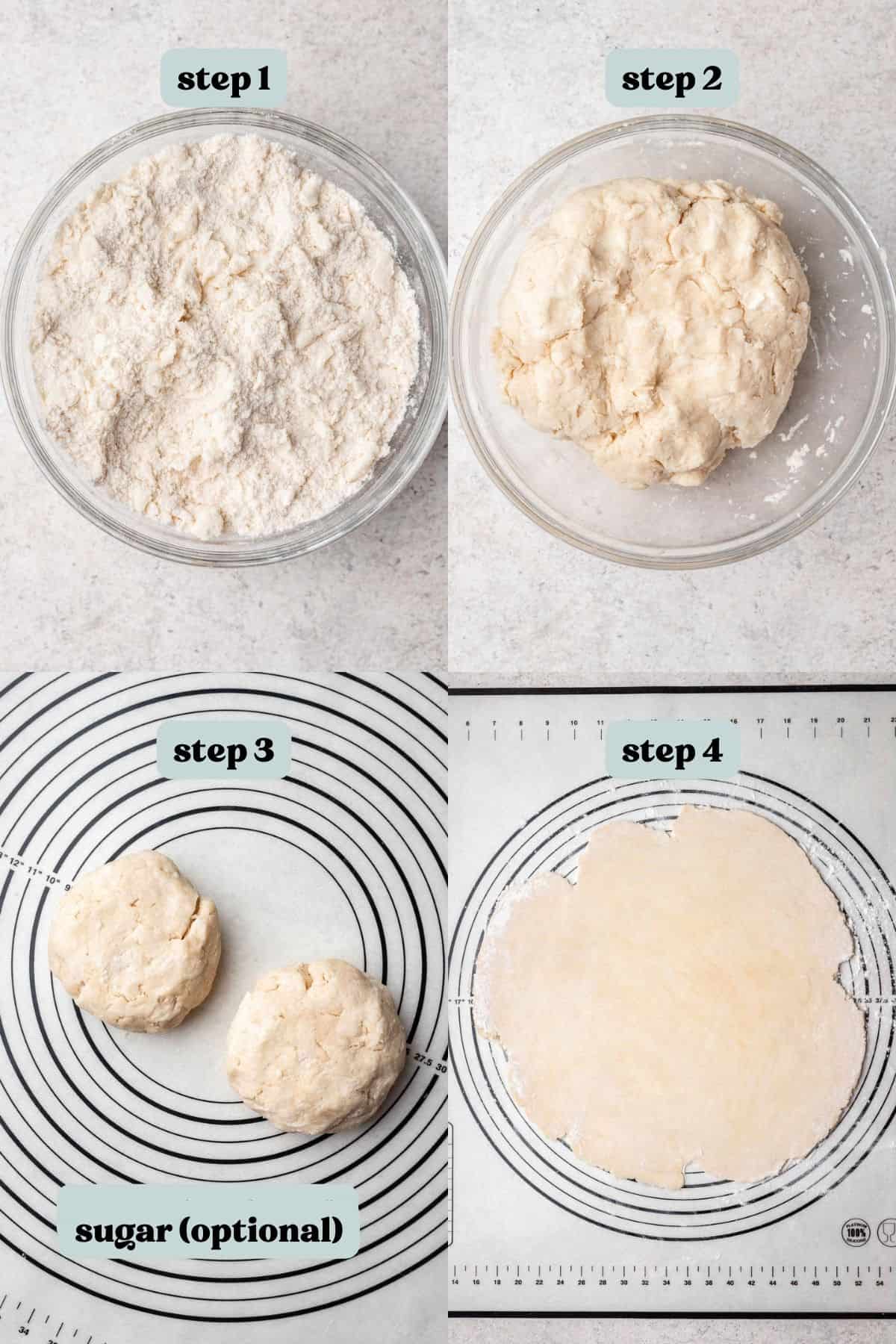 Step by step instructions showing how to make a pie crust from scratch. Collage of 4 images showing progression.