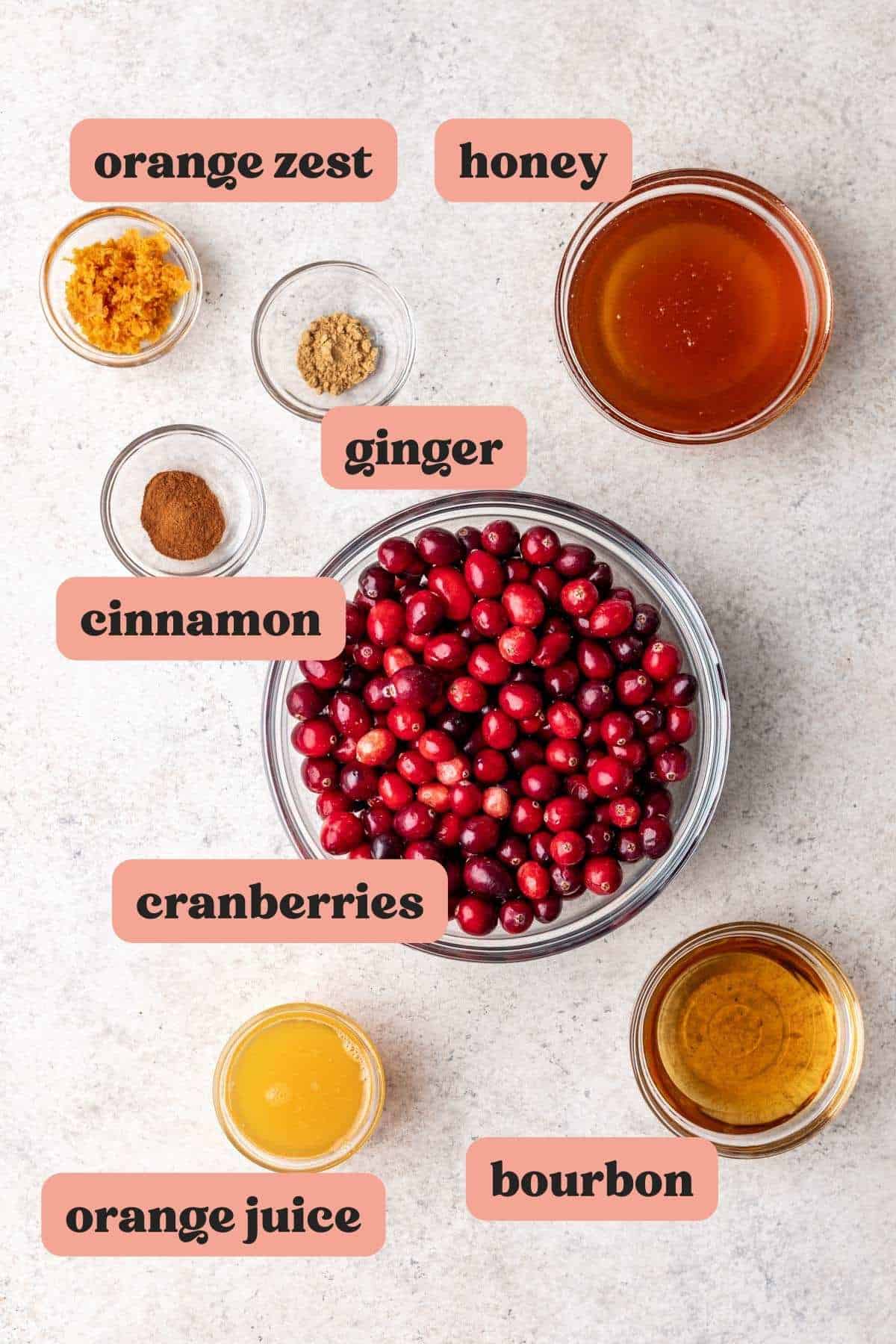 Ingredients for bourbon cranberry sauce measured and labeled.