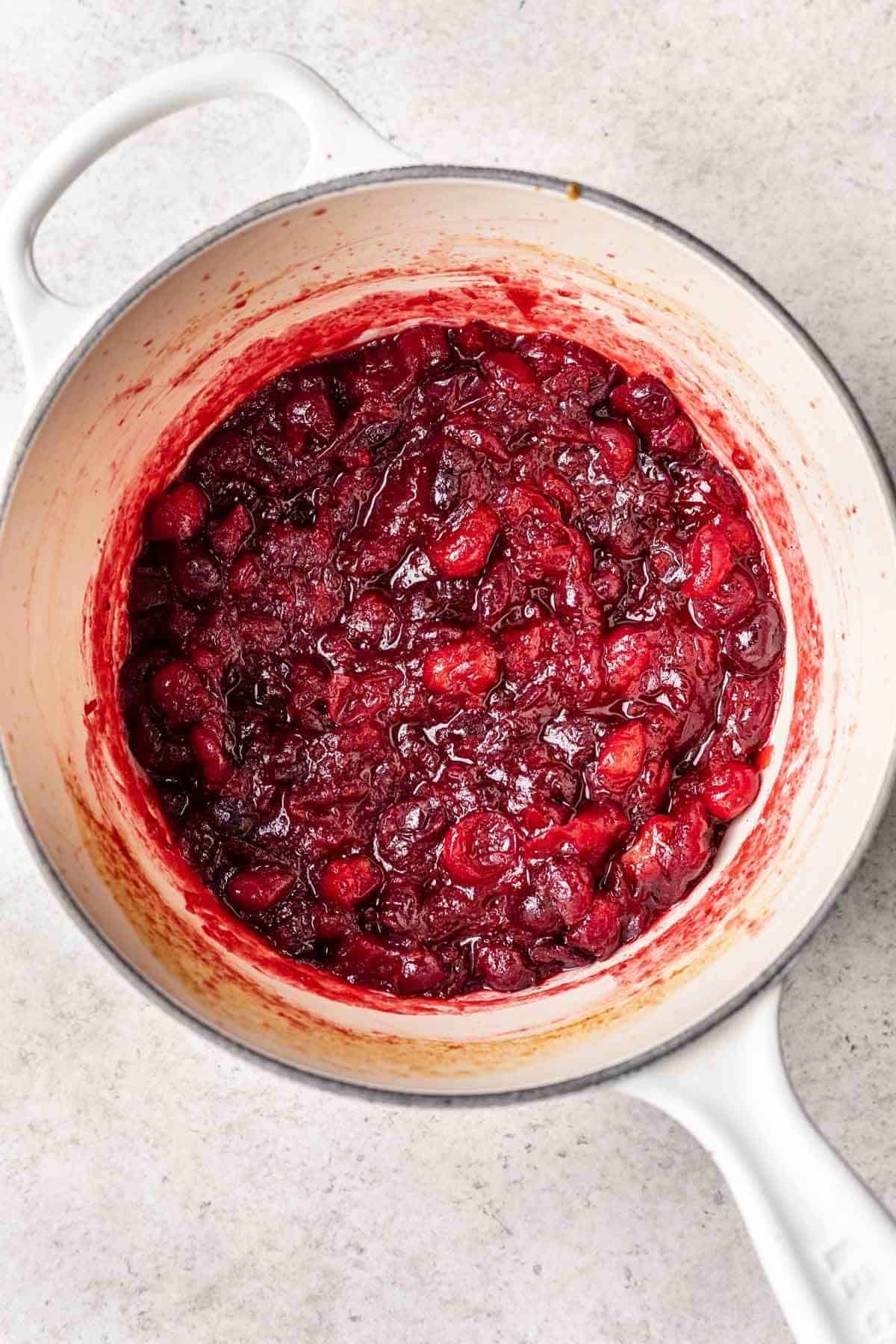 Texture of cranberry sauce after 10-15 minutes of cooking.
