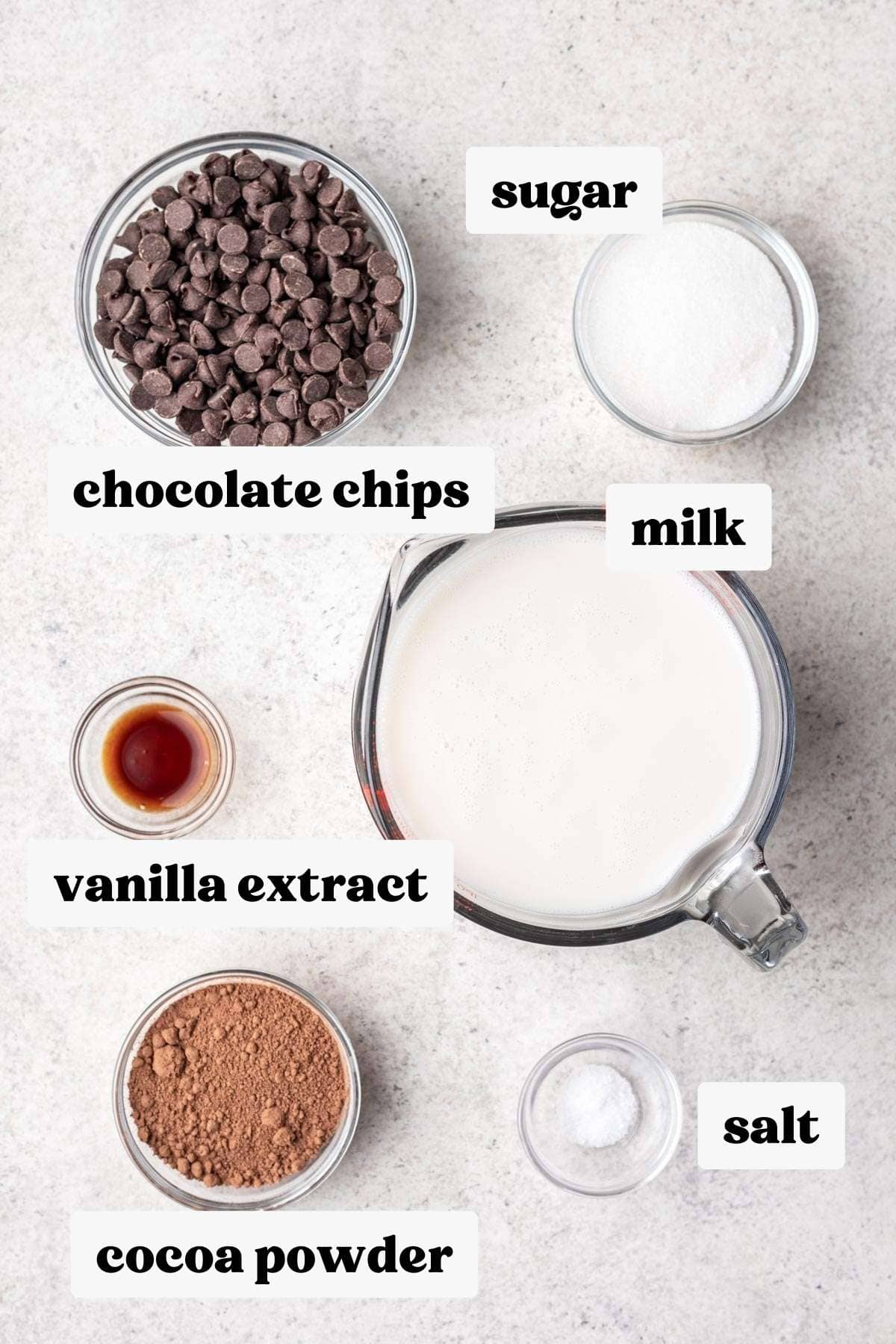Ingredients you need for crockpot hot chocolate measured and labeled.