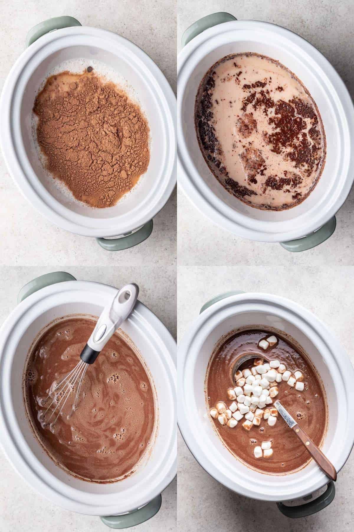 4 images showing step by step process of combining ingredients in crockpot.
