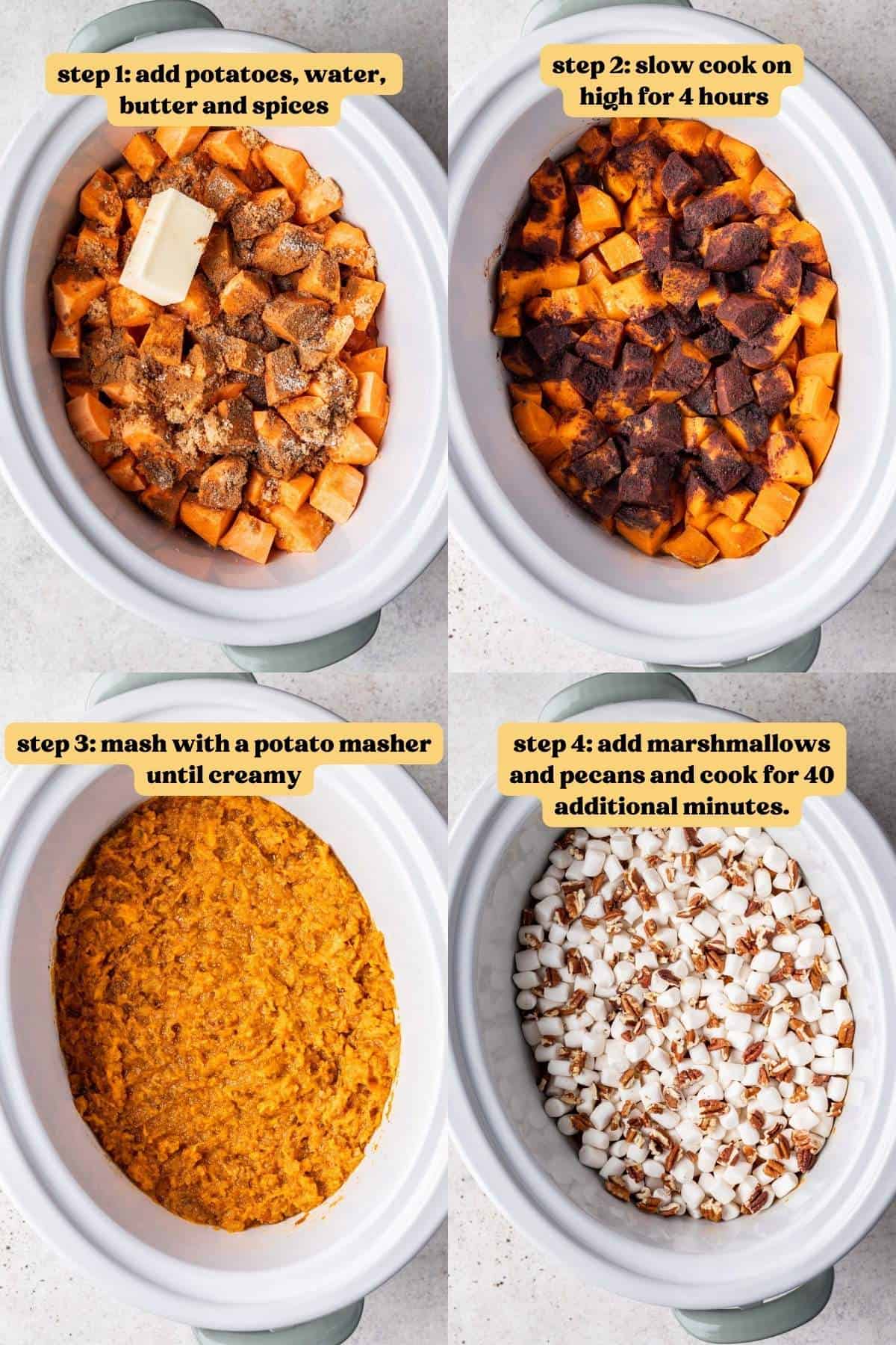Step by step instructions showing how to make crockpot sweet potato casserole start to finish.