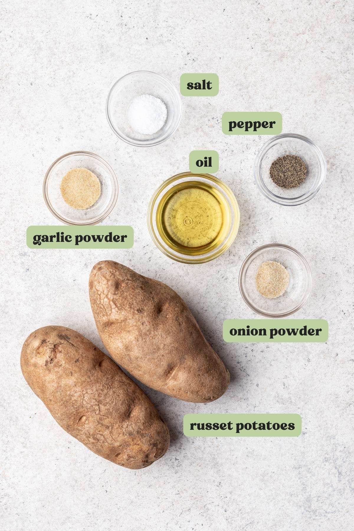 Ingredients you'll need for homemade hash browns measured and labeled.