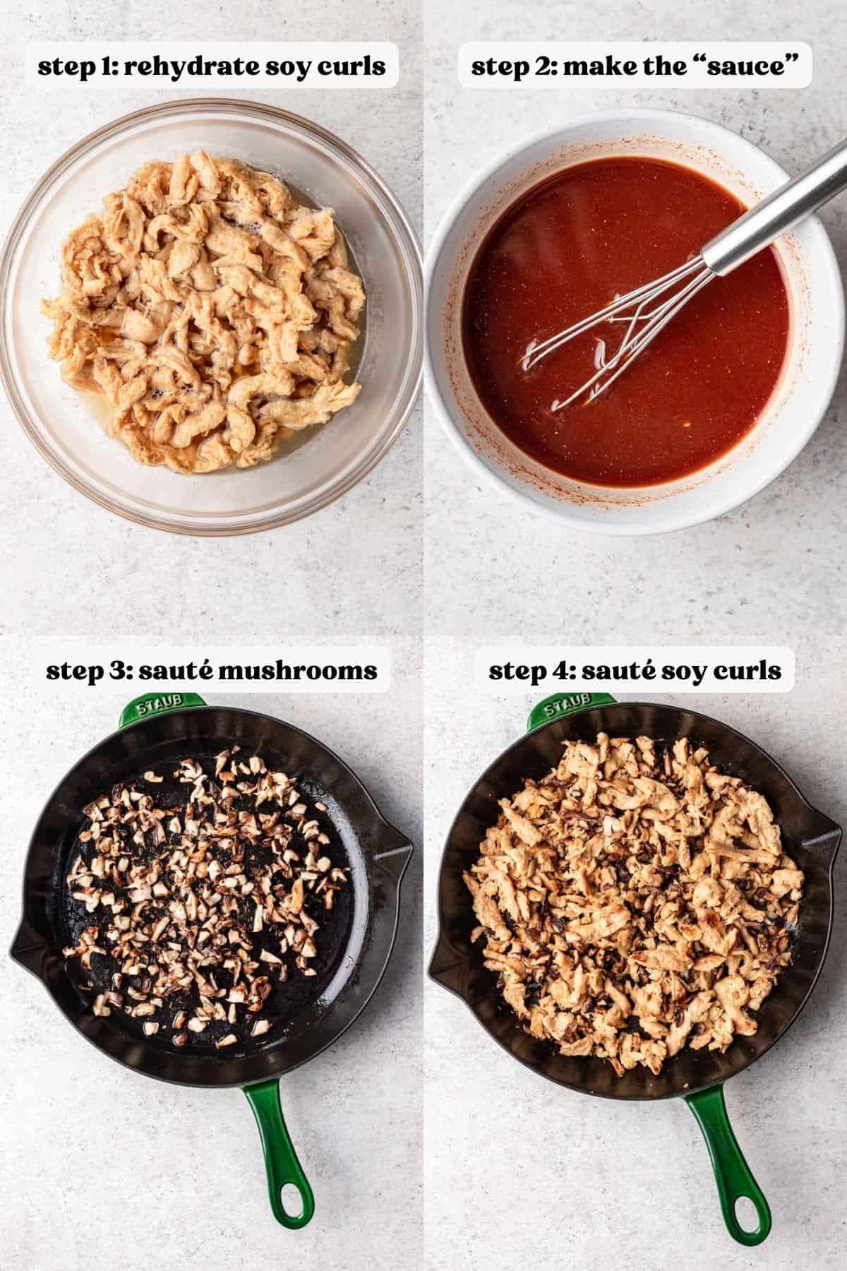 Step by step instructions showing how to rehydrate soy curls, make "beef" sauce, and sauté the mushrooms.