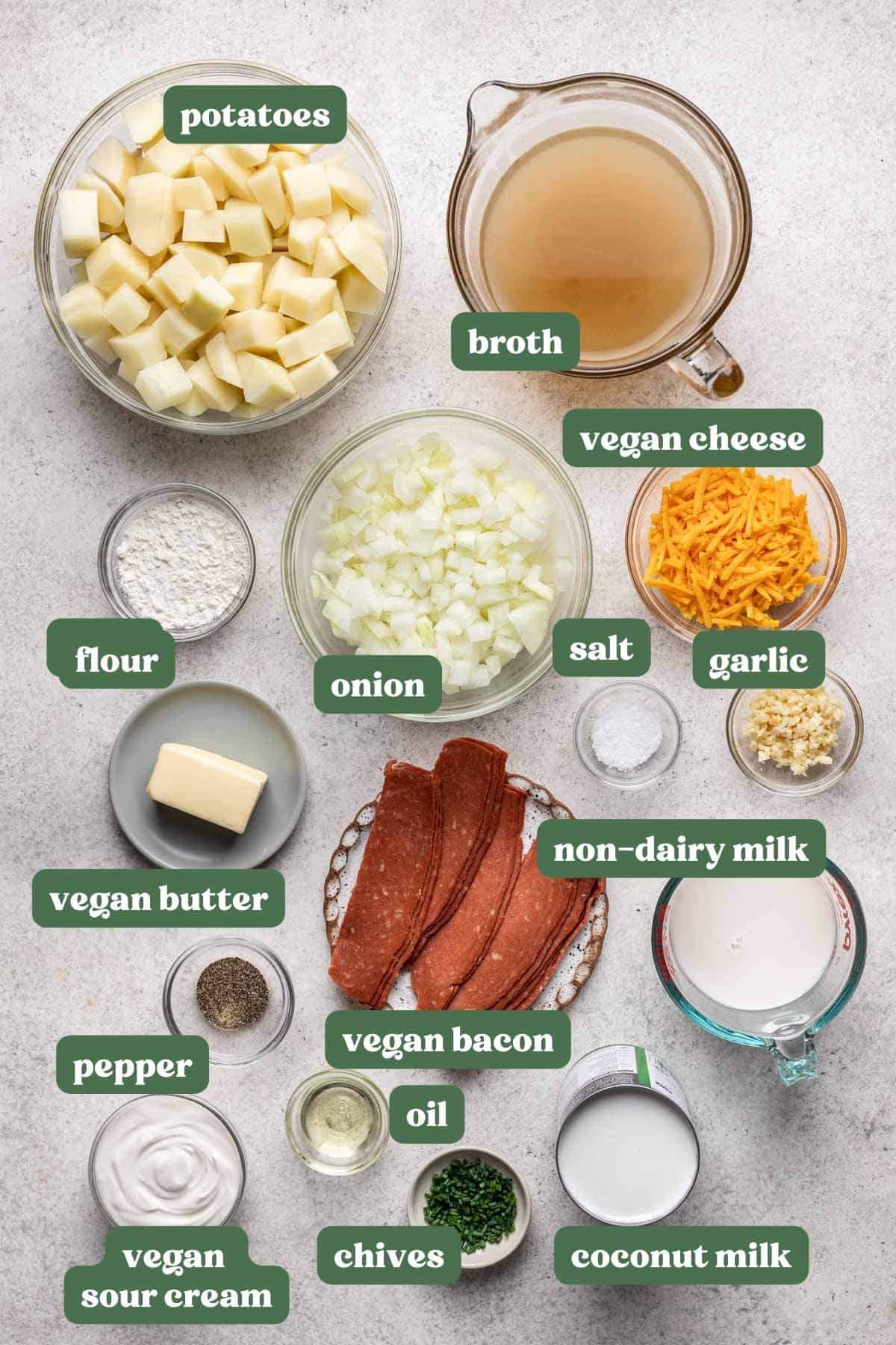 Ingredients you will need for vegan potato soup measured and labeled.