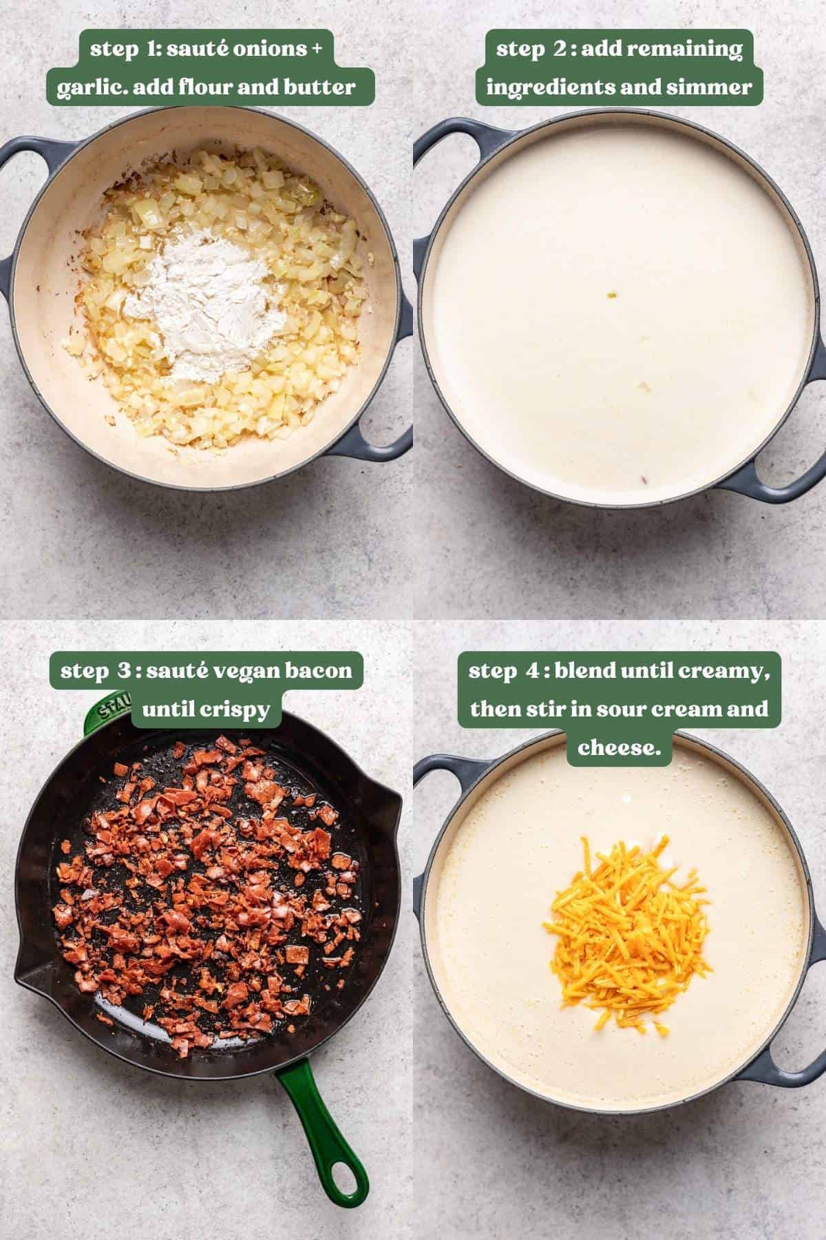 Step by step photos of how to make vegan potato soup.