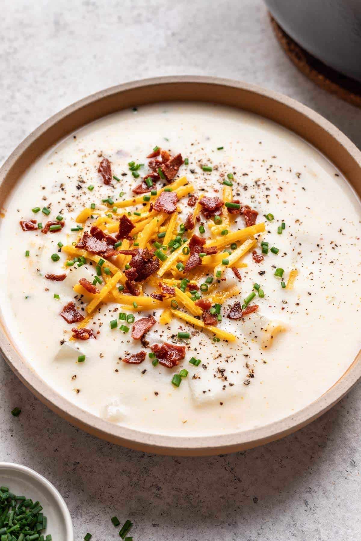 Bowl of vegan potato soup.