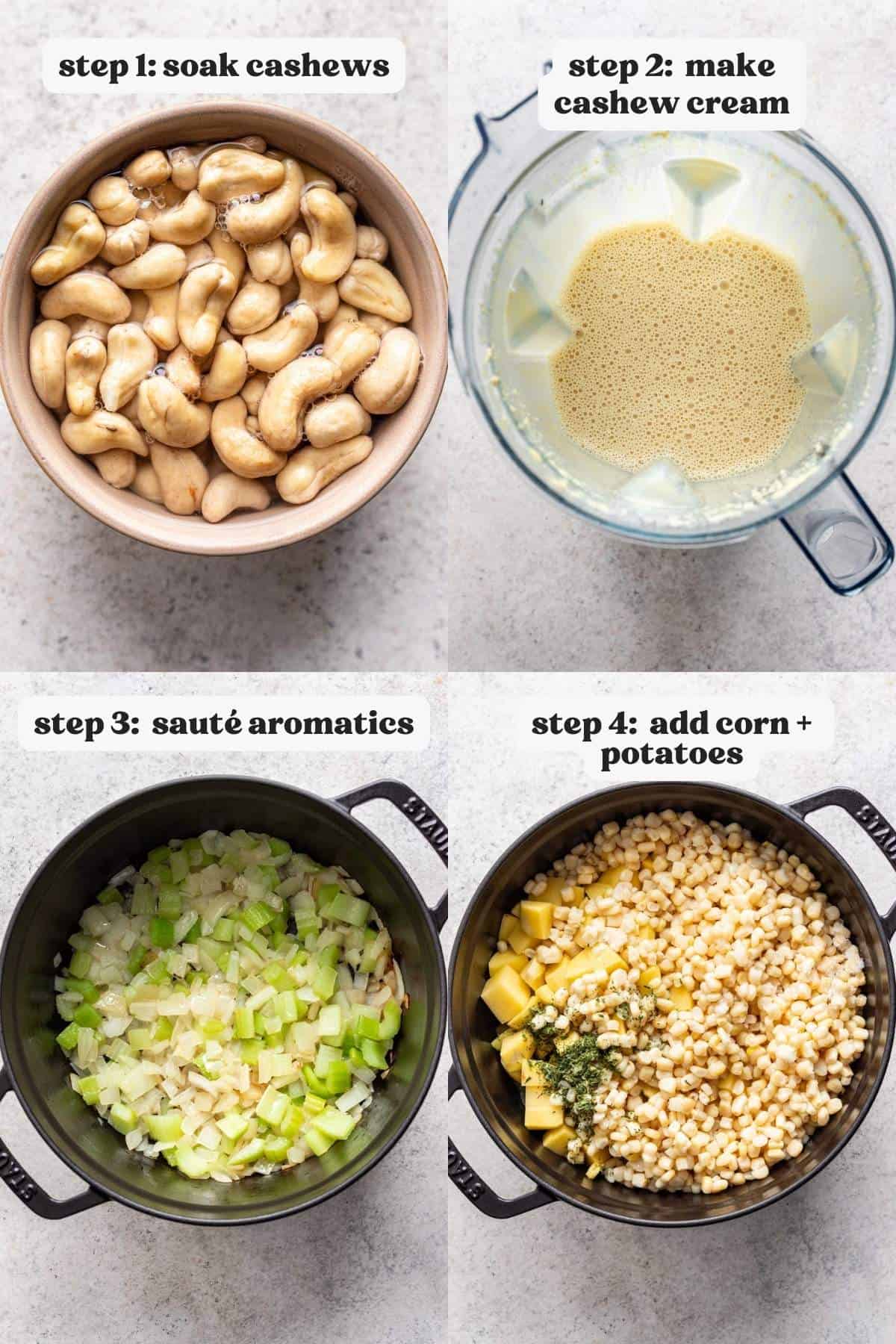Step by step instructions of how to make chowder. 4 images showing the process.