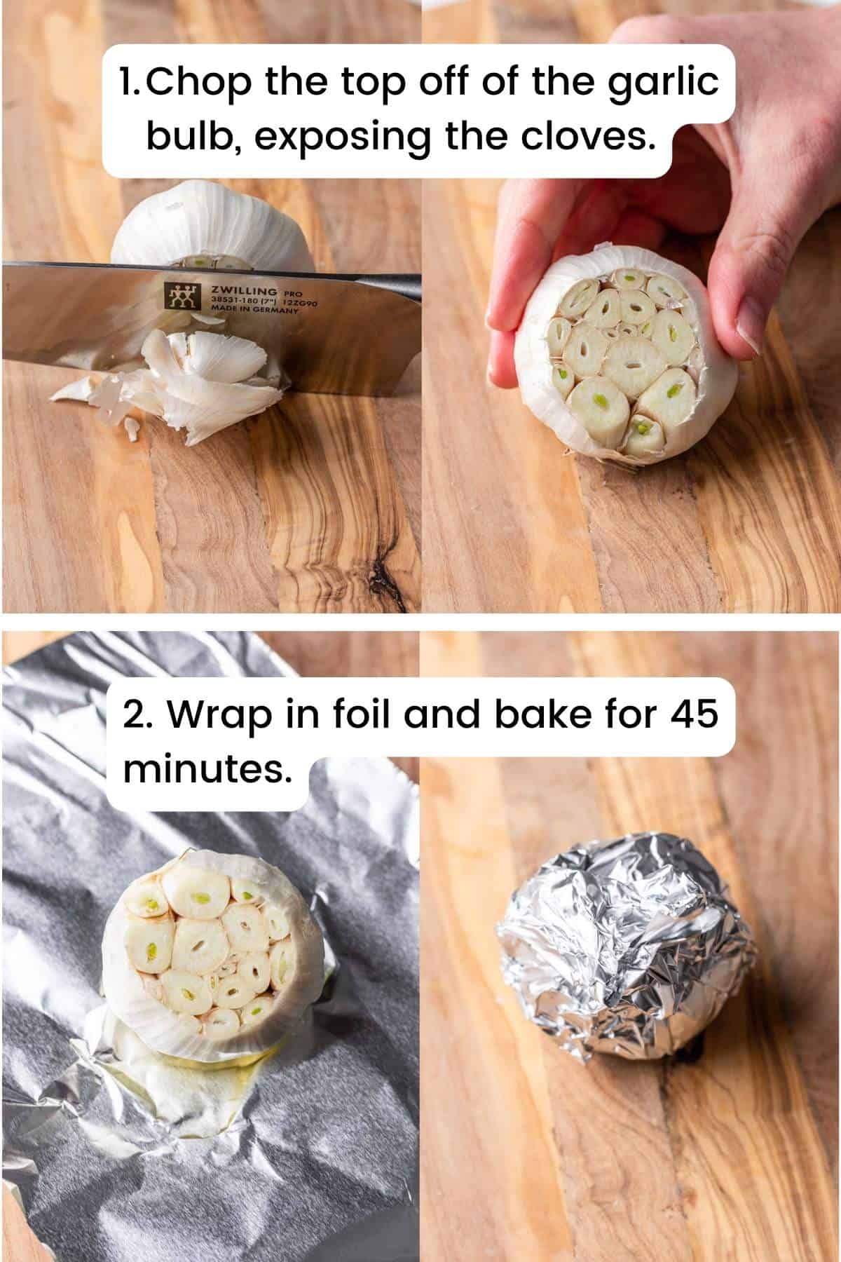 4 images showing step by step process of roasting a head of garlic in the oven.