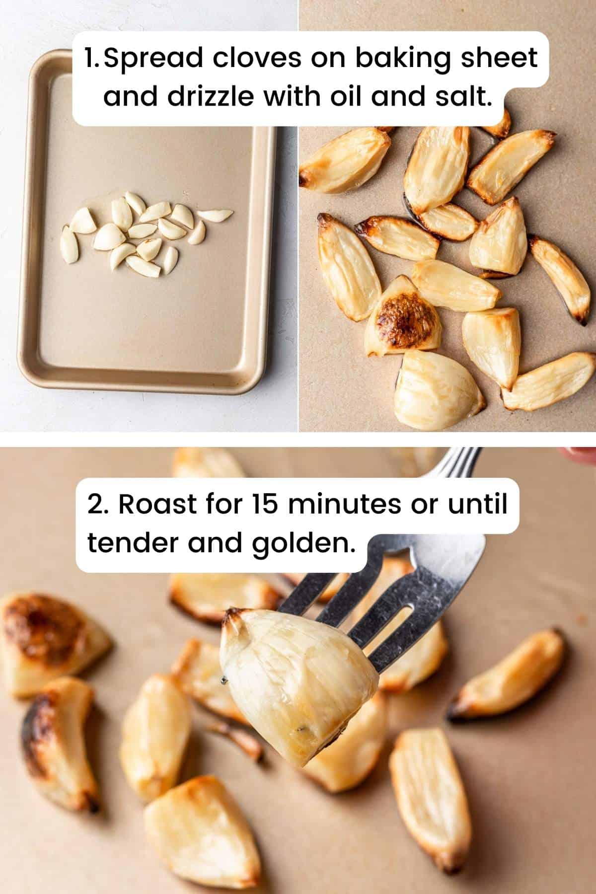 3 image collage showing step by step of how to roast garlic cloves.