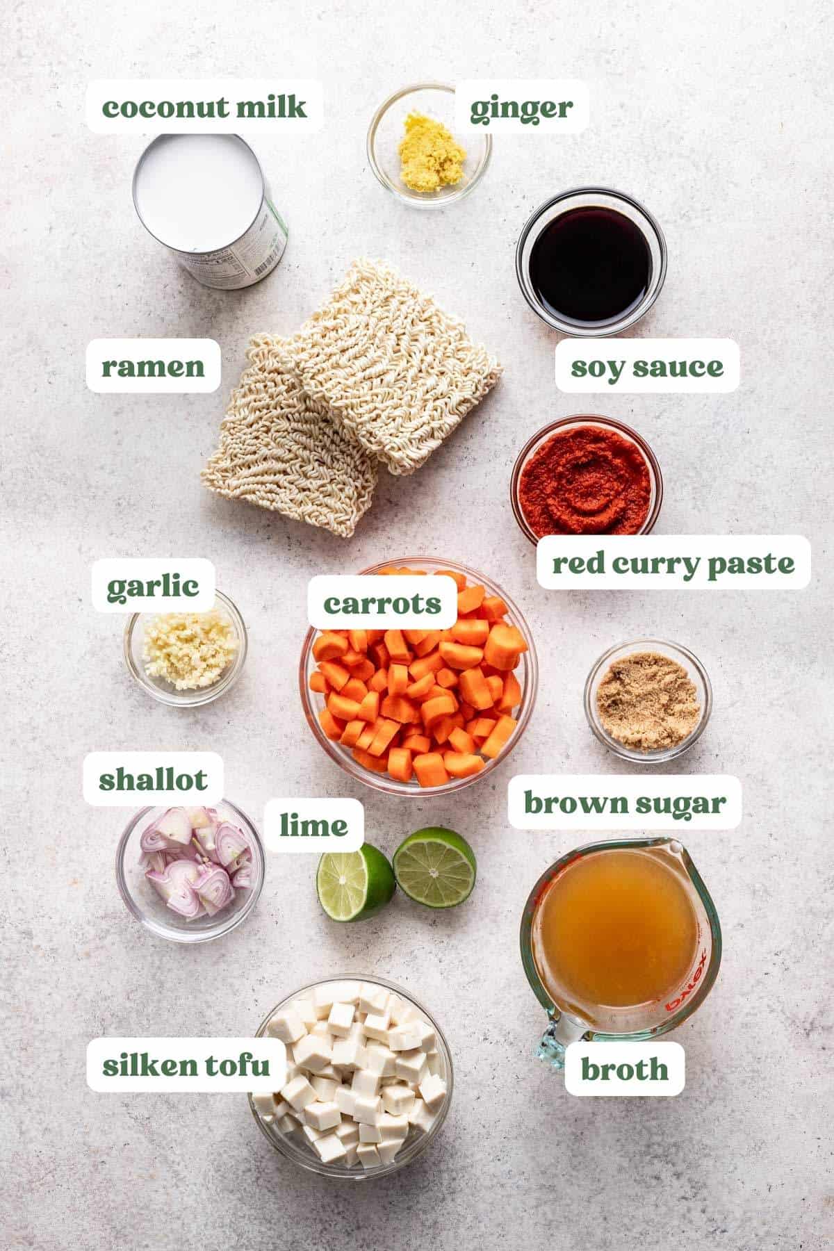 Overview of the ingredients you'll need to make this vegan red curry ramen measured and labeled.