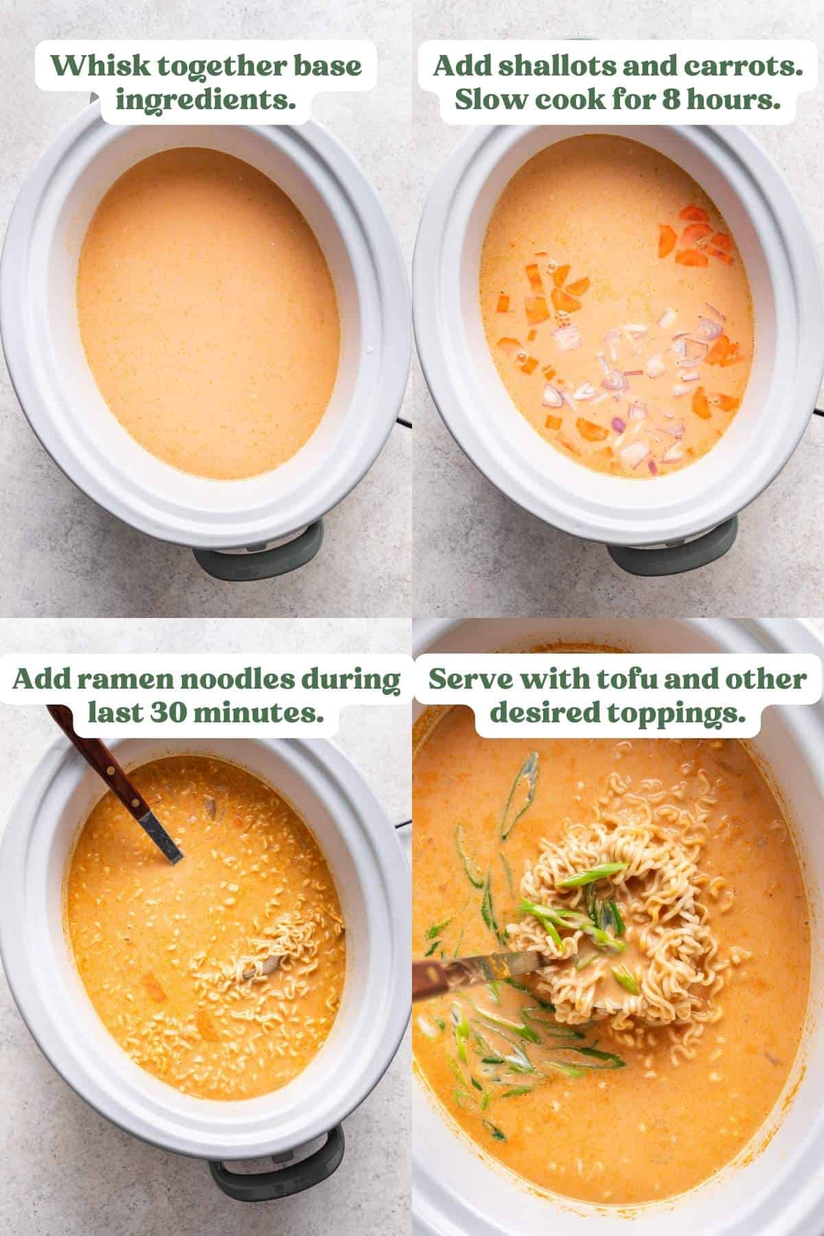 4 photo collage showing step by step process of making red curry ramen in your slow cooker bowl.