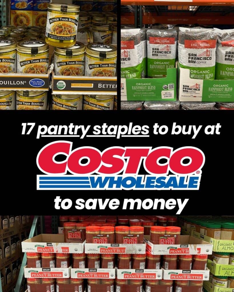Collage of pantry staples at Costco.
