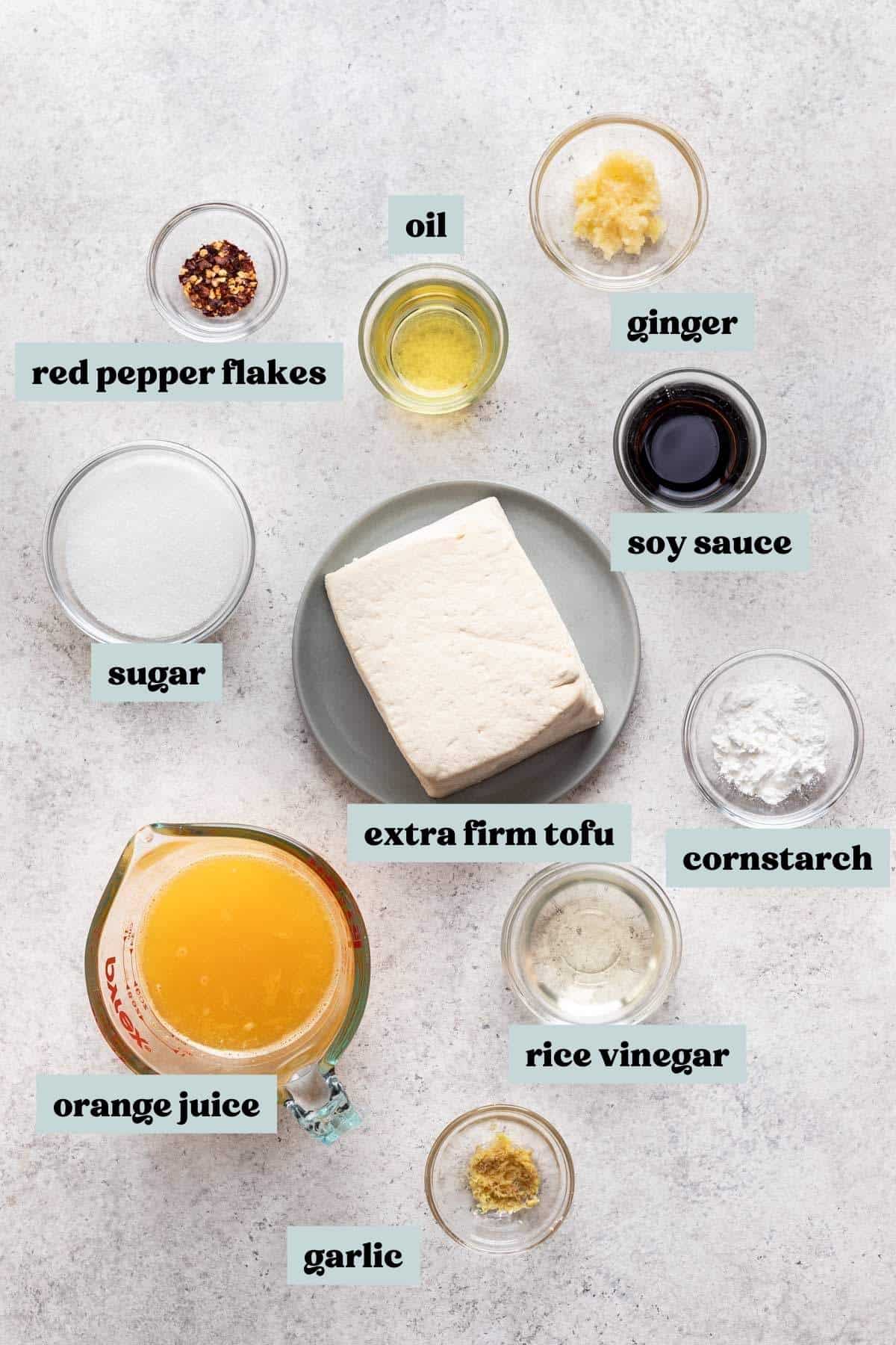 Ingredients needed for crispy orange tofu.