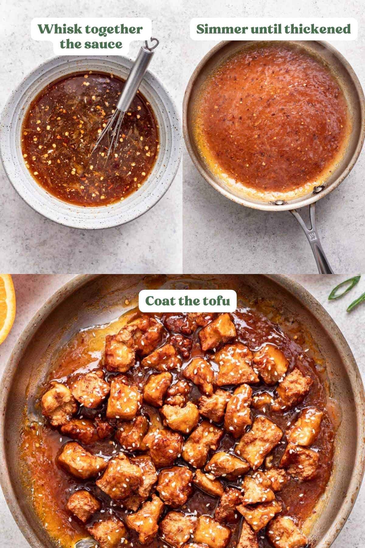 Three images showing how to make and simmer orange sauce.
