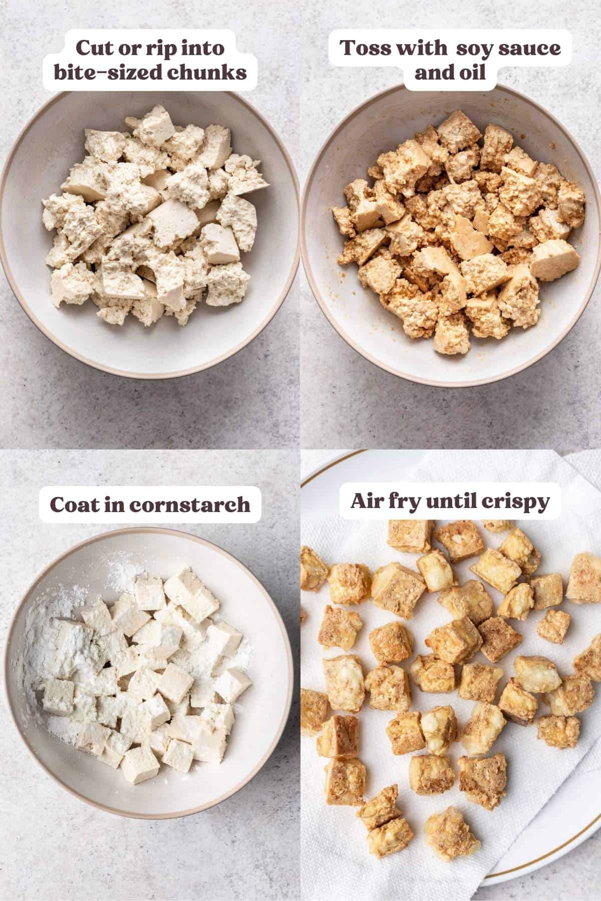 4 images showing step by step process of making crispy tofu.
