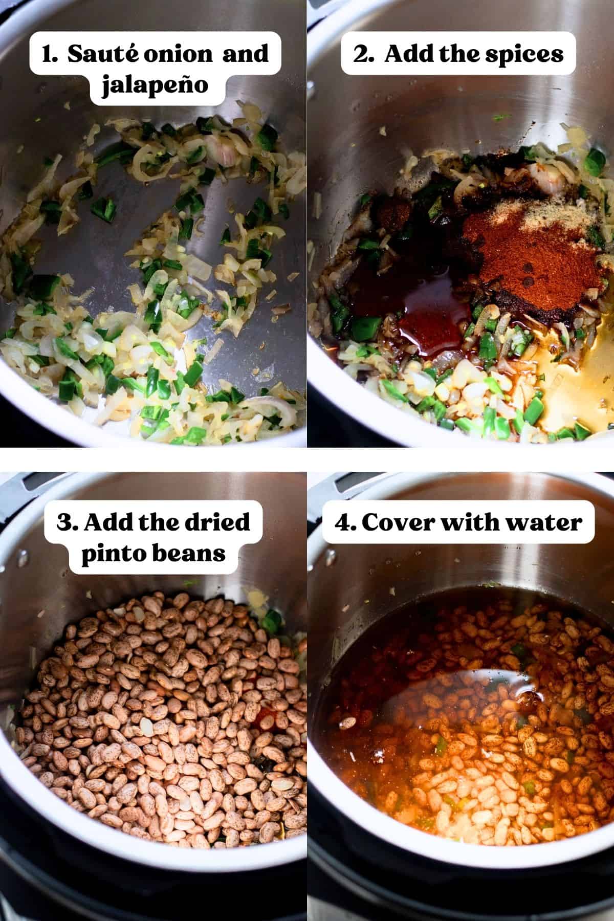 4 image collage showing step by step process of how to make refried beans in the Instant Pot.