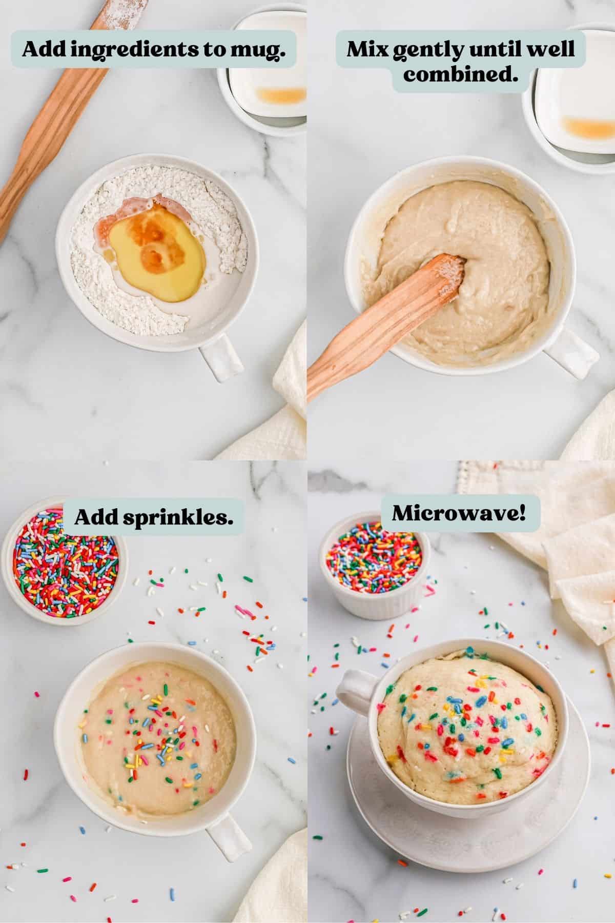 4 image collage with step by step process of how to make a vanilla mug cake with no egg.