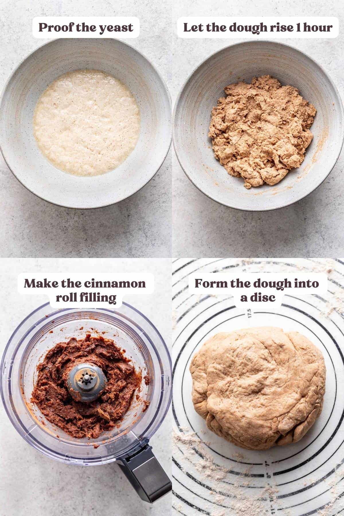 4 image collage showing the step by step process of making cinnamon roll dough and homemade cinnamon roll filling.