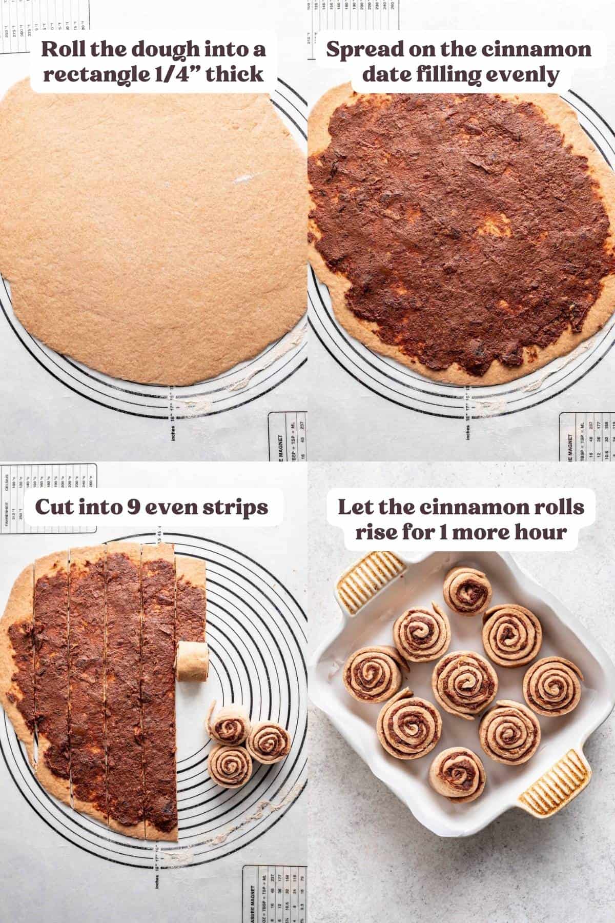4 image collage showing how to roll out cinnamon roll dough, spread on filling, cut into strips, and place in a baking dish.